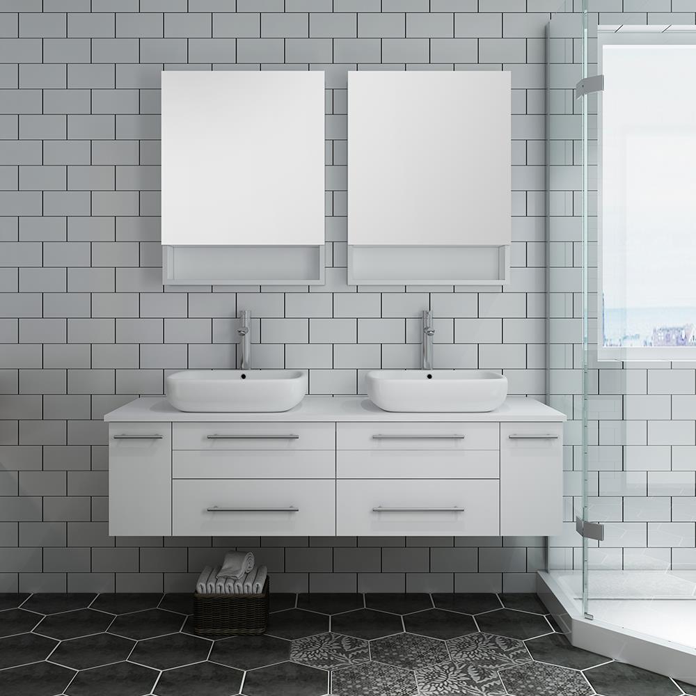 Fresca FVN6160WH-VSL-D Lucera 60-in White Double Sink Floating Bathroom Vanity with White Quartz Top