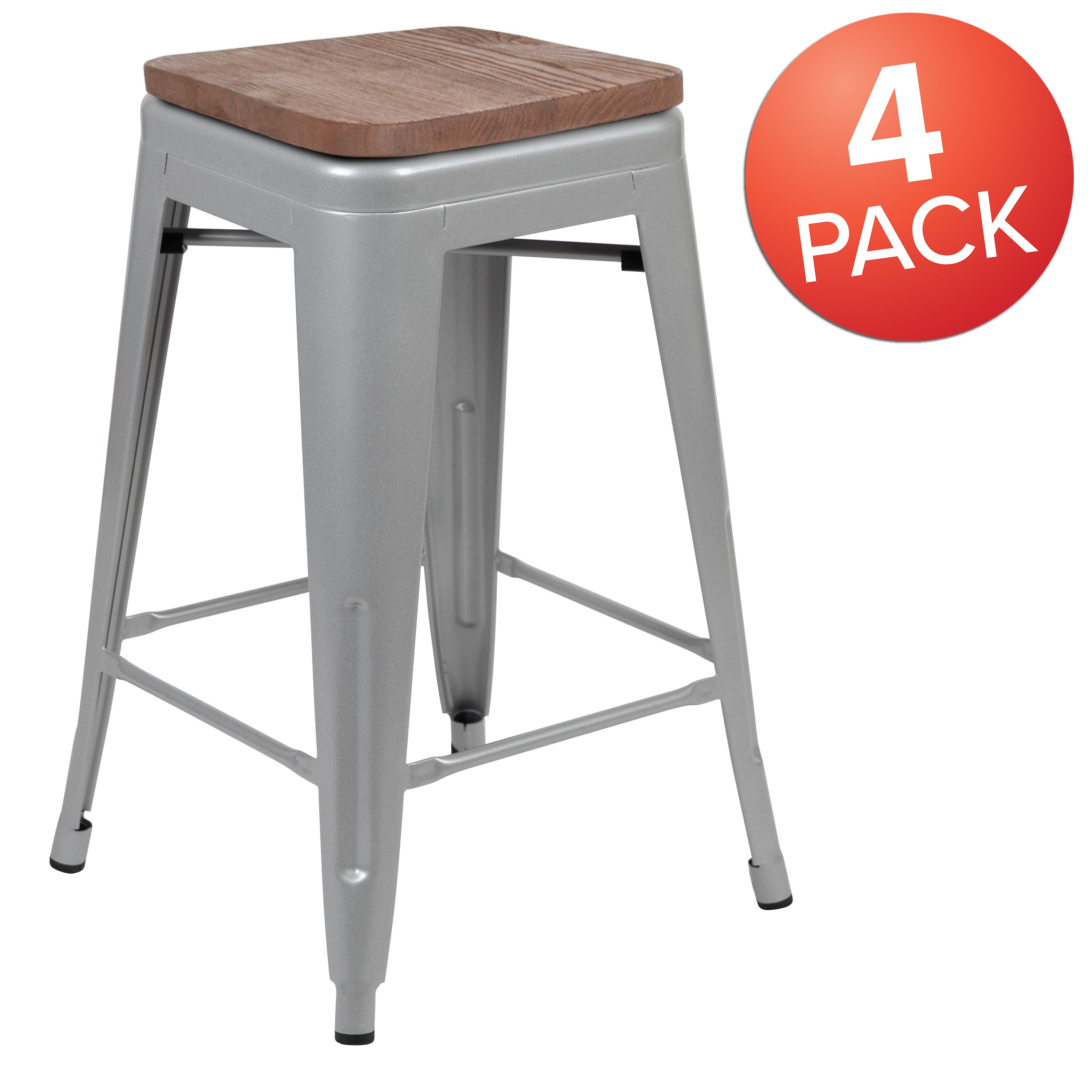 Modern 24" Silver Metal and Wood Stackable Bar Stools - Set of 4