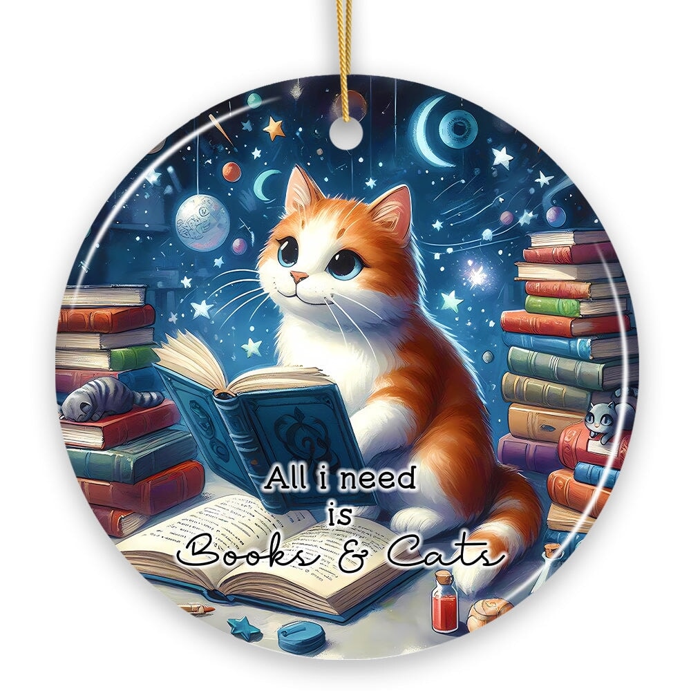 OrnamentallyYou 1825 All I Need is Books Cats Ceramic Ornament Book Lover Gift of Imagination and the Universe