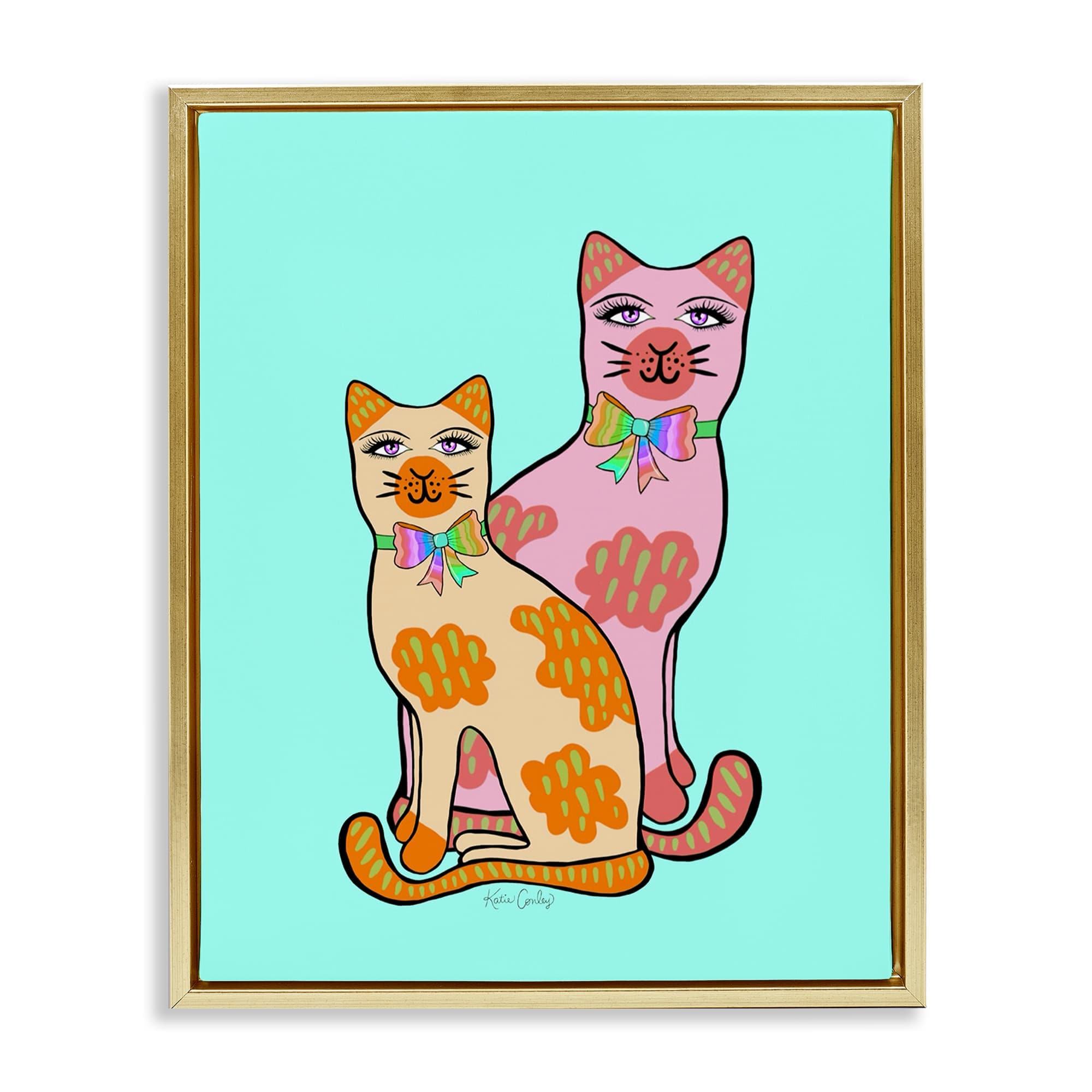Stupell Industries BS-761-FFG-24X30 Funky Cats on Turquoise Floating Frame design by Katie Conley