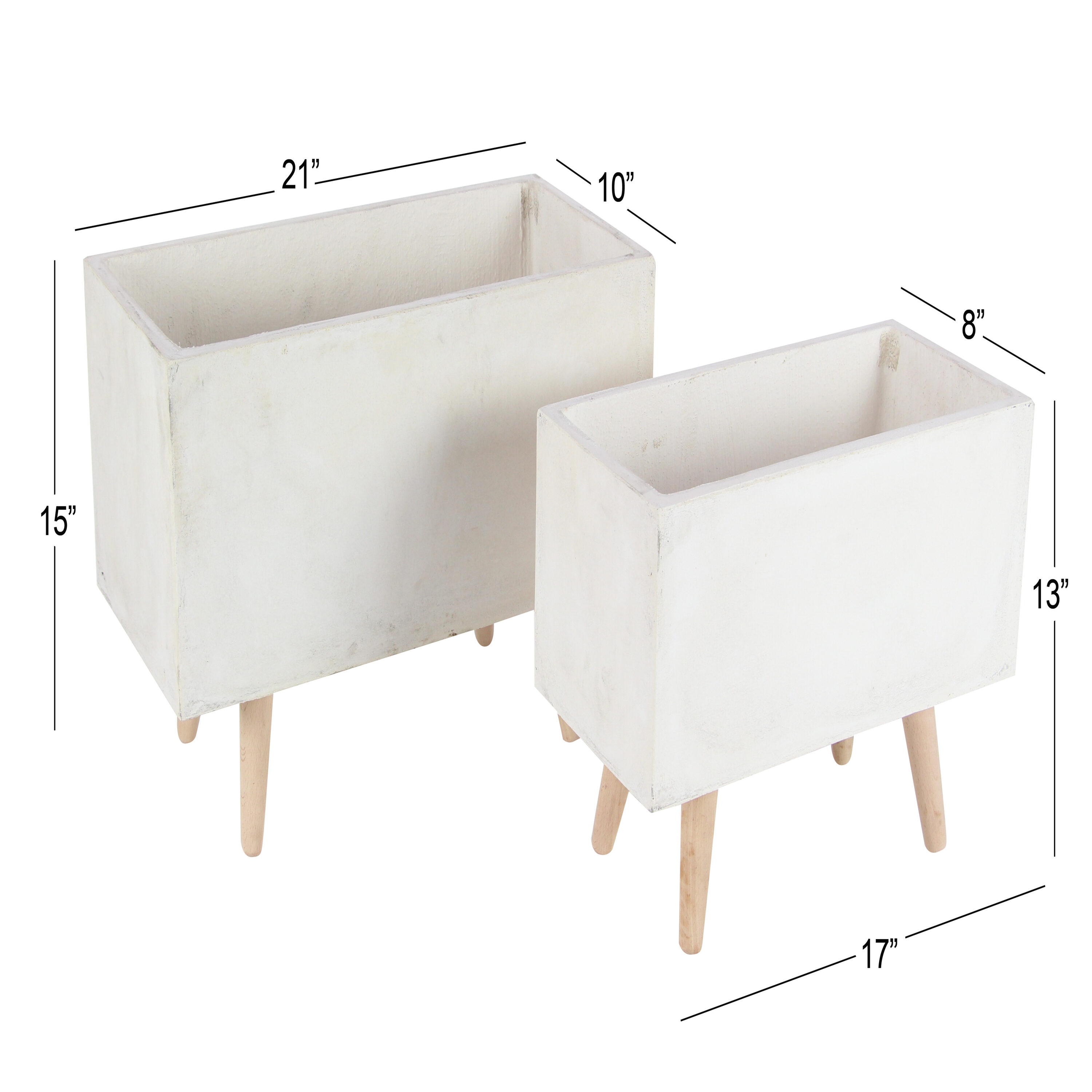 White Fiber Clay Rectangular Planters with Wood Legs, Set of 2