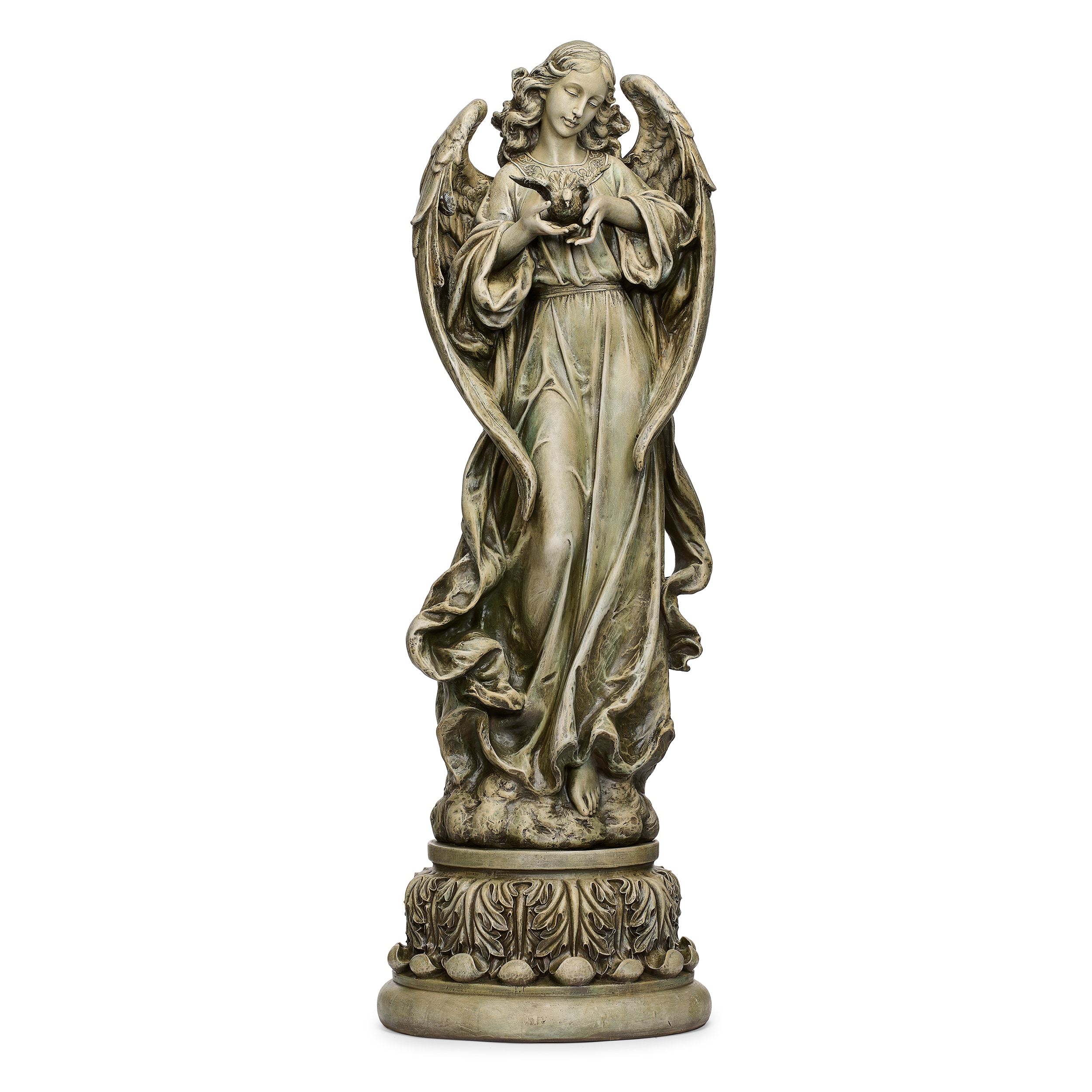 Tall Gray Resin Angel with Dove Garden Statue
