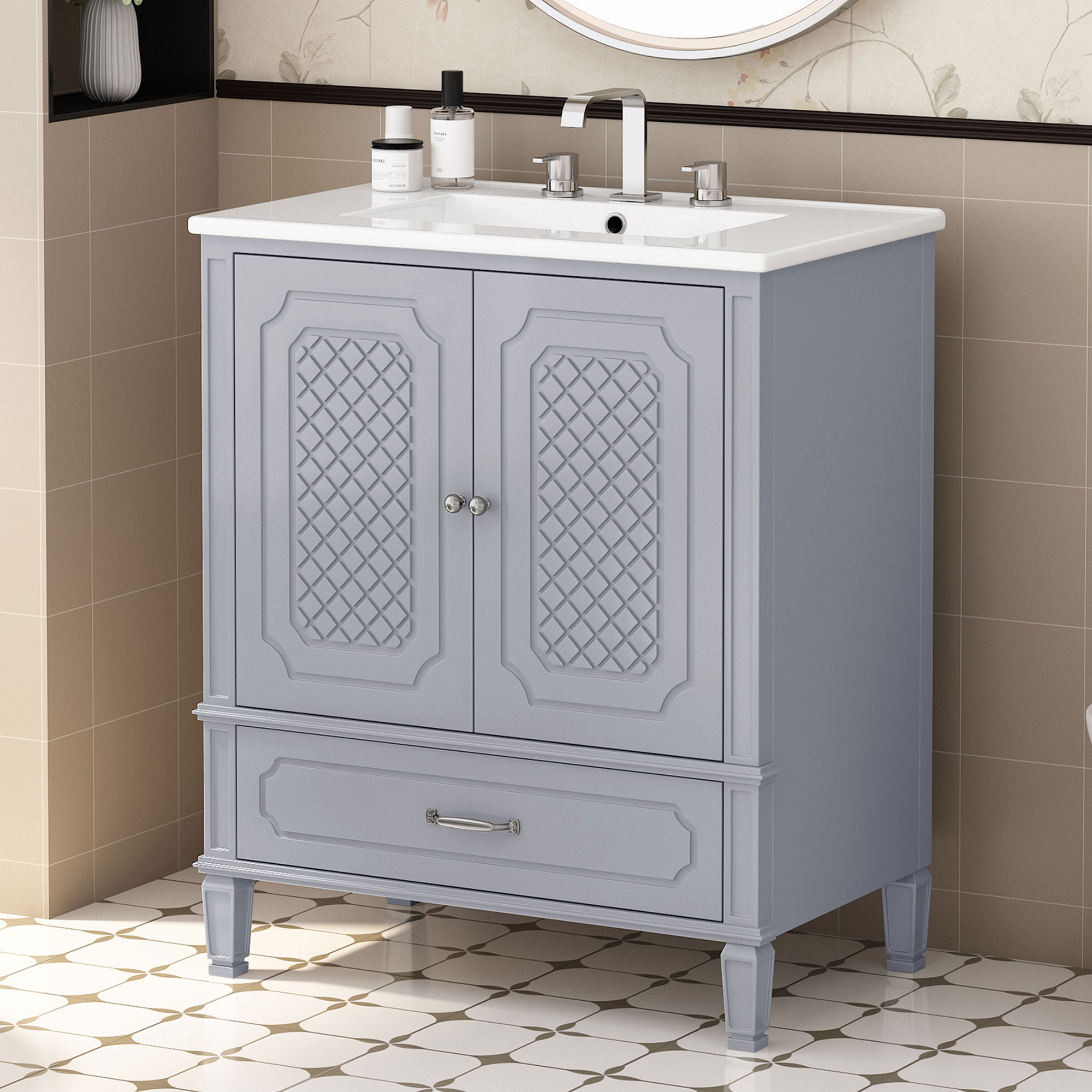 Christopher Knight Home 322883 30 Inches Bathroom Vanity with Sink Vintage Style Multi Functional Storage Space Door Shelf Soft Closing Door Grey