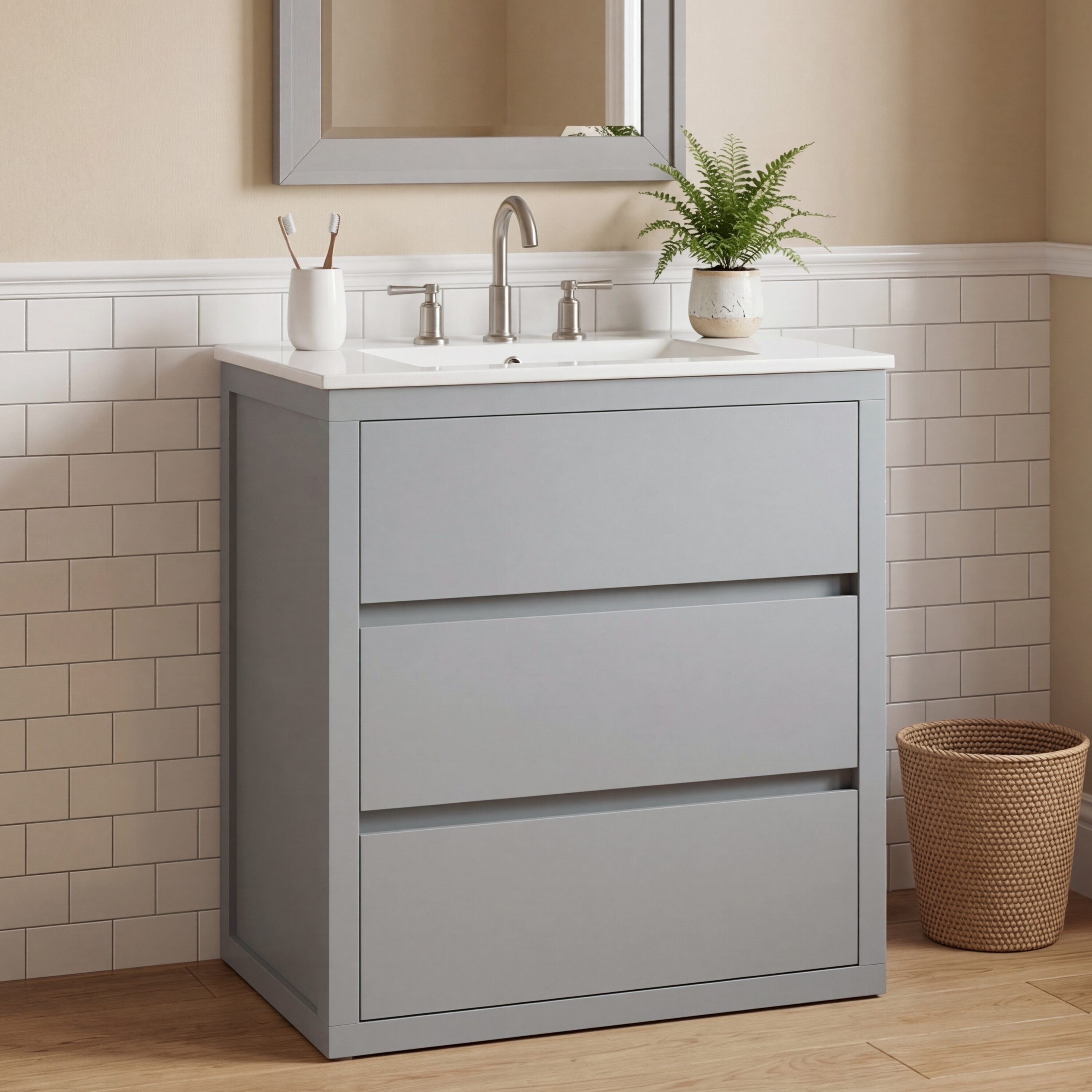 Vynxaria - Gray 30-in Cabinet Storage Freestanding Single-Sink Bathroom Vanity with Ceramic Sink