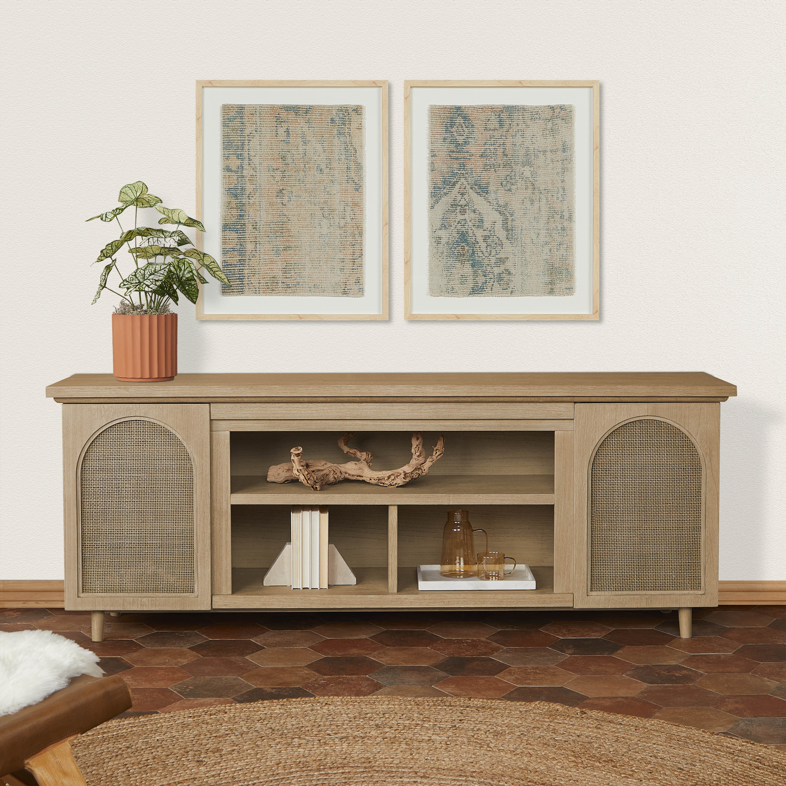 Dahlia 76" White Oak TV Stand with Fireplace and Cabinet