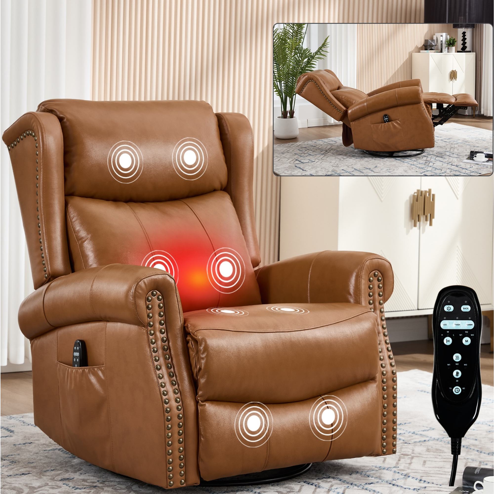 GZMR - Luxury Heating Massage Manual Rocker Swivel Recliner Yellow Brown Leather Upholstered Powe...
