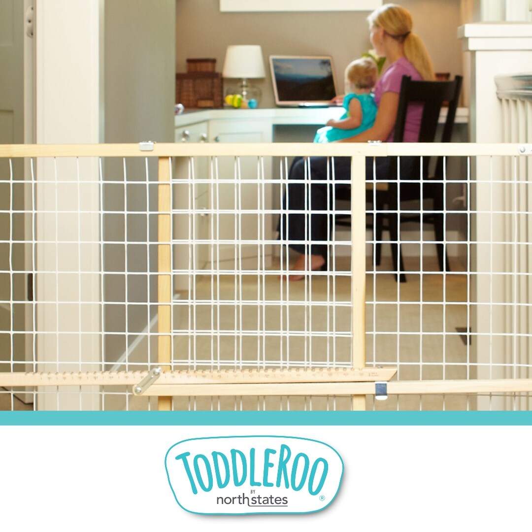 Extra-Wide White Wood and Metal Mesh Baby Gate