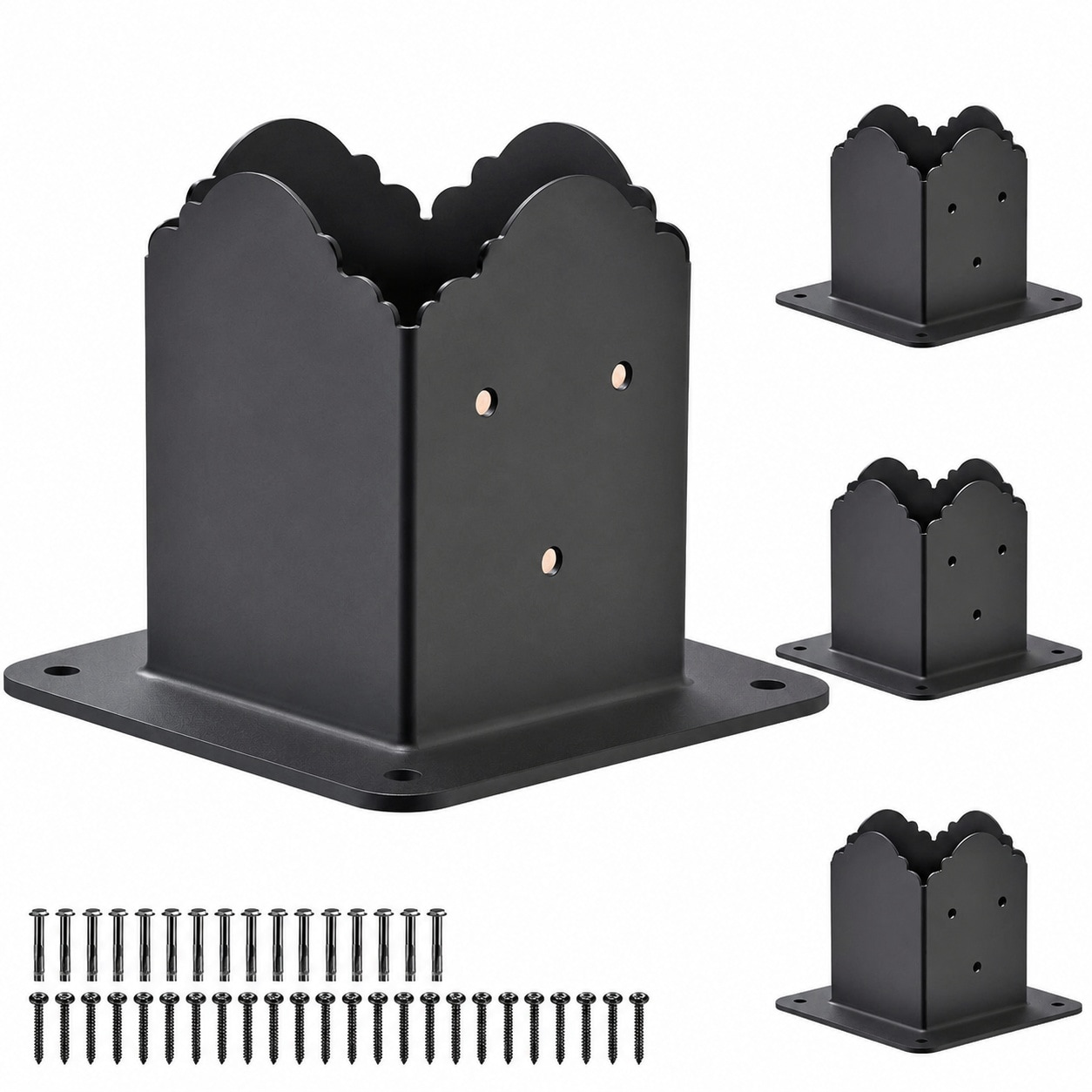 Afoxsos  Decorative 4x4 Post Base Black Powder Coated Steel Deck Railing Bracket for Wood Posts Fence Pergola Gazebo Support Set of 4 with Screws