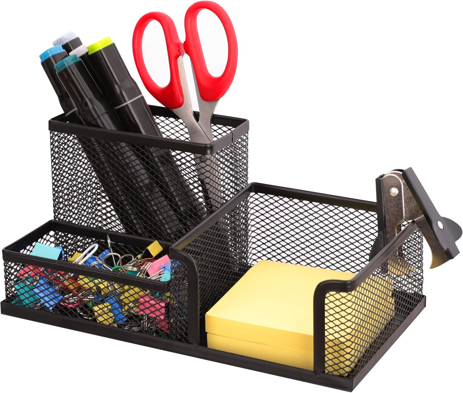 Etokfoks - 3 Compartment Black Mesh Pencil Holder Desk Organizer 8x4x4 Inch with Anti Slip Pads ...
