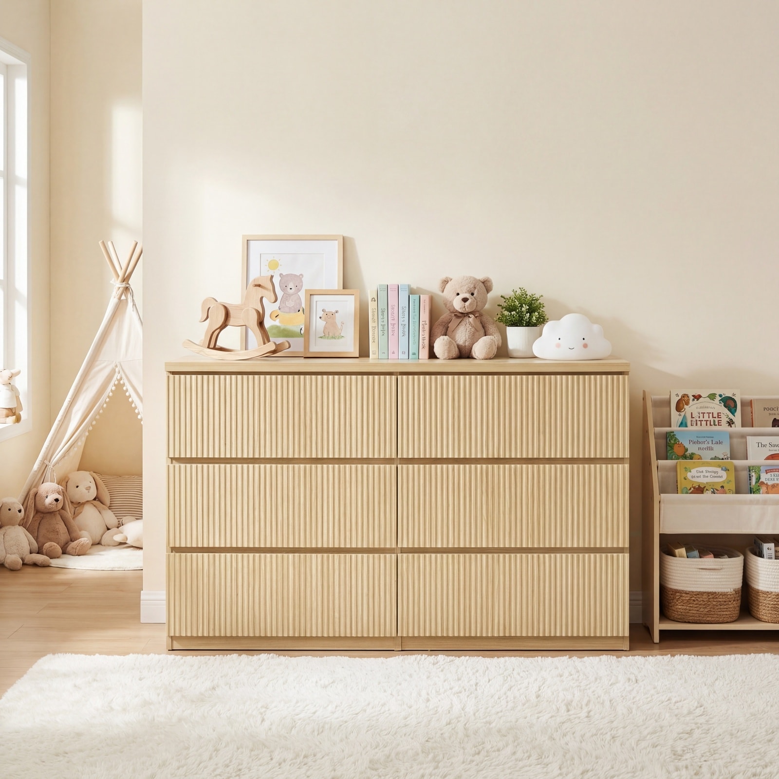 Horizons Prime - 47 inch Natural Wood 6 Drawer Dresser with Wave Panel Fronts and Spacious Storage