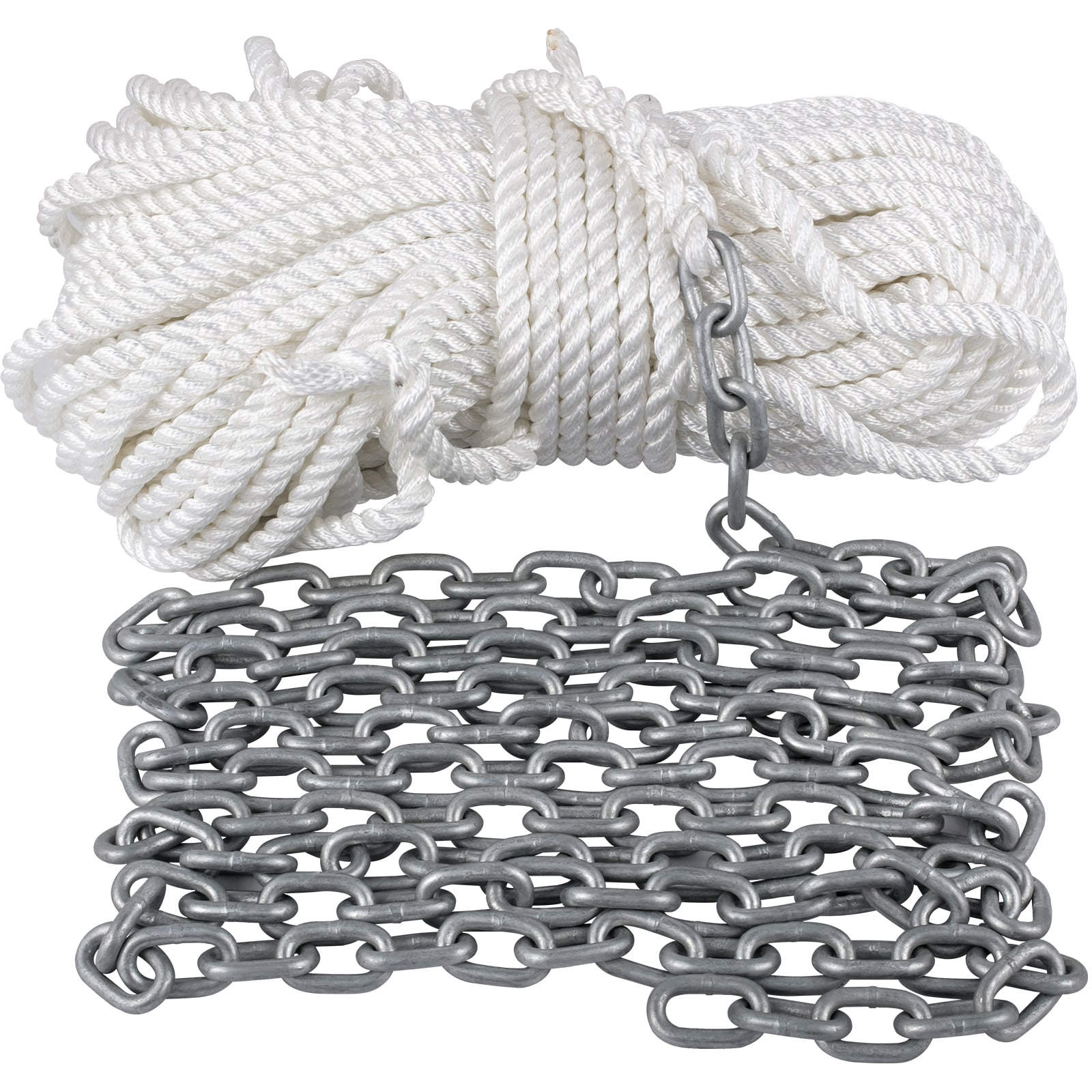 SVOPES SVOPESML12X2004674V0 Boat Anchor System with Windlass Rode and Chain. 5/16inch x 15ft Galvanized Lead Chain. 1/2inch x 200ft 3-Strand Nylon Rope. 2373 lbs WLL. 7120 lbs BS