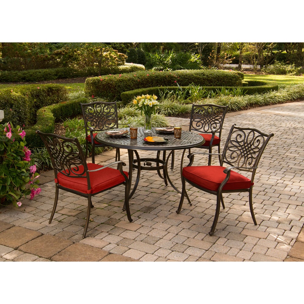 Hanover Traditions 5 Piece Bronze Patio Dining Set Aluminum Round Table With 4 Red Cushions 7481