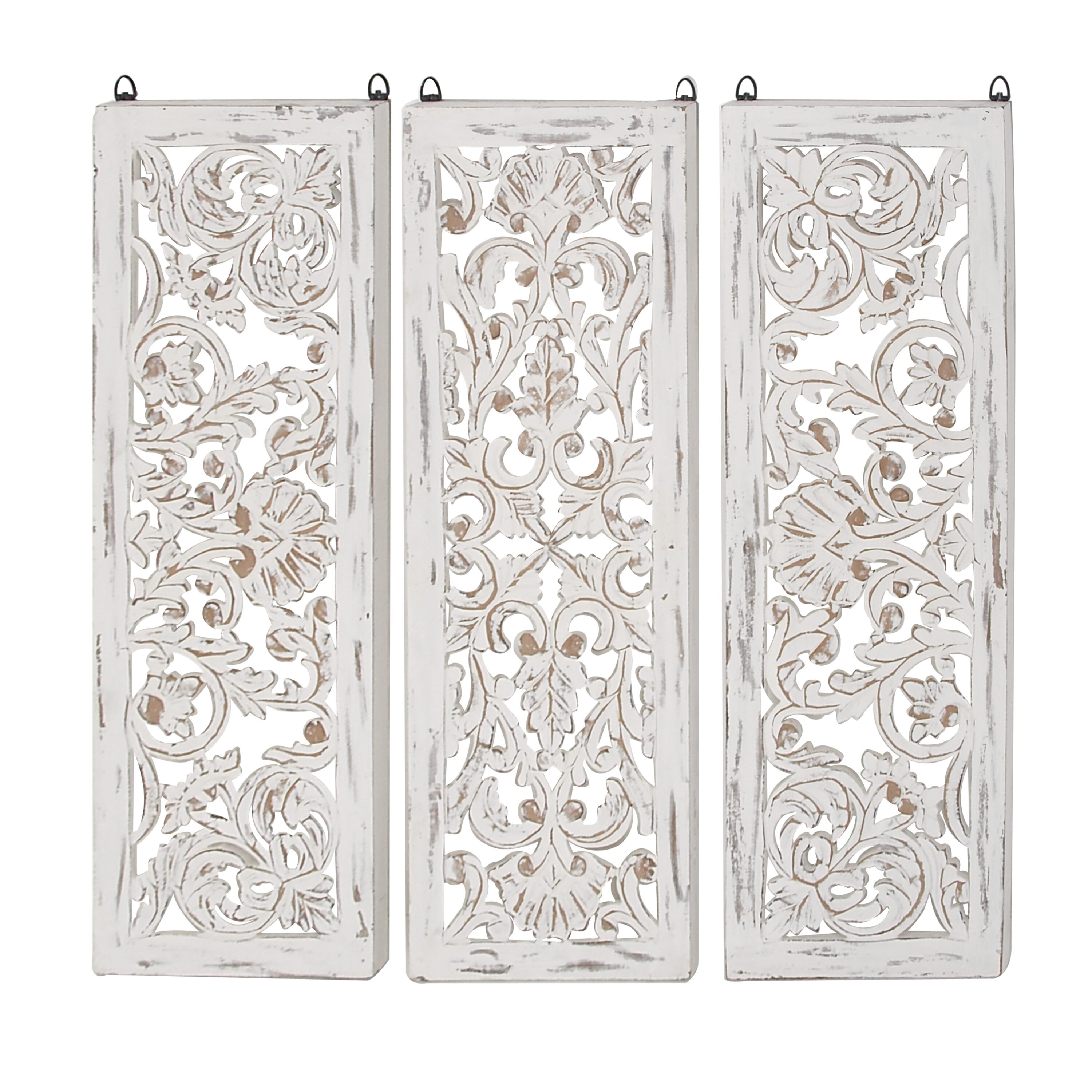 White Distressed Wood Carved Floral Wall Panels Set of 3