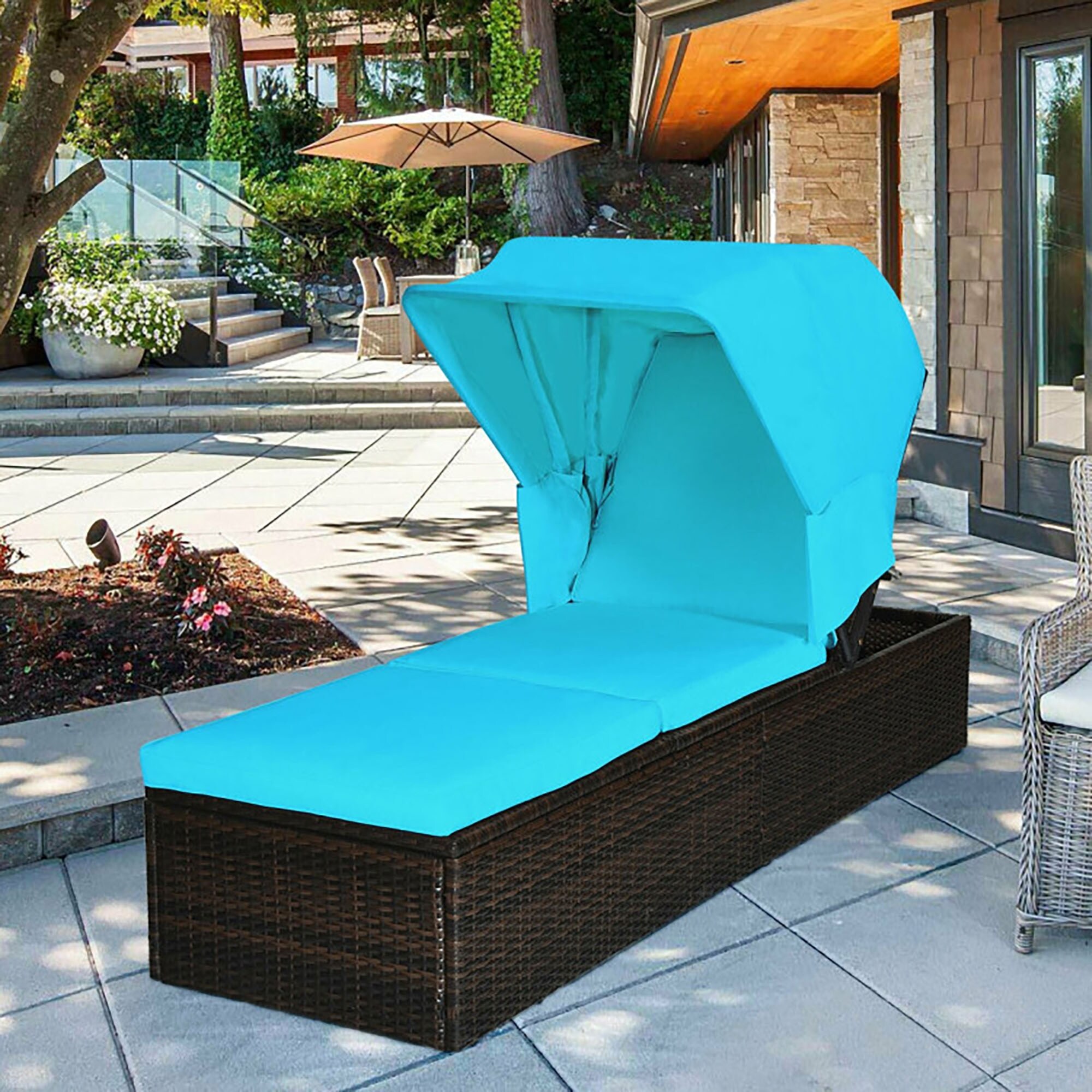 CASAINC AOG-W213S00038 Patio Furniture-Set Rattan Patio Conversation Set with Blue Cushions