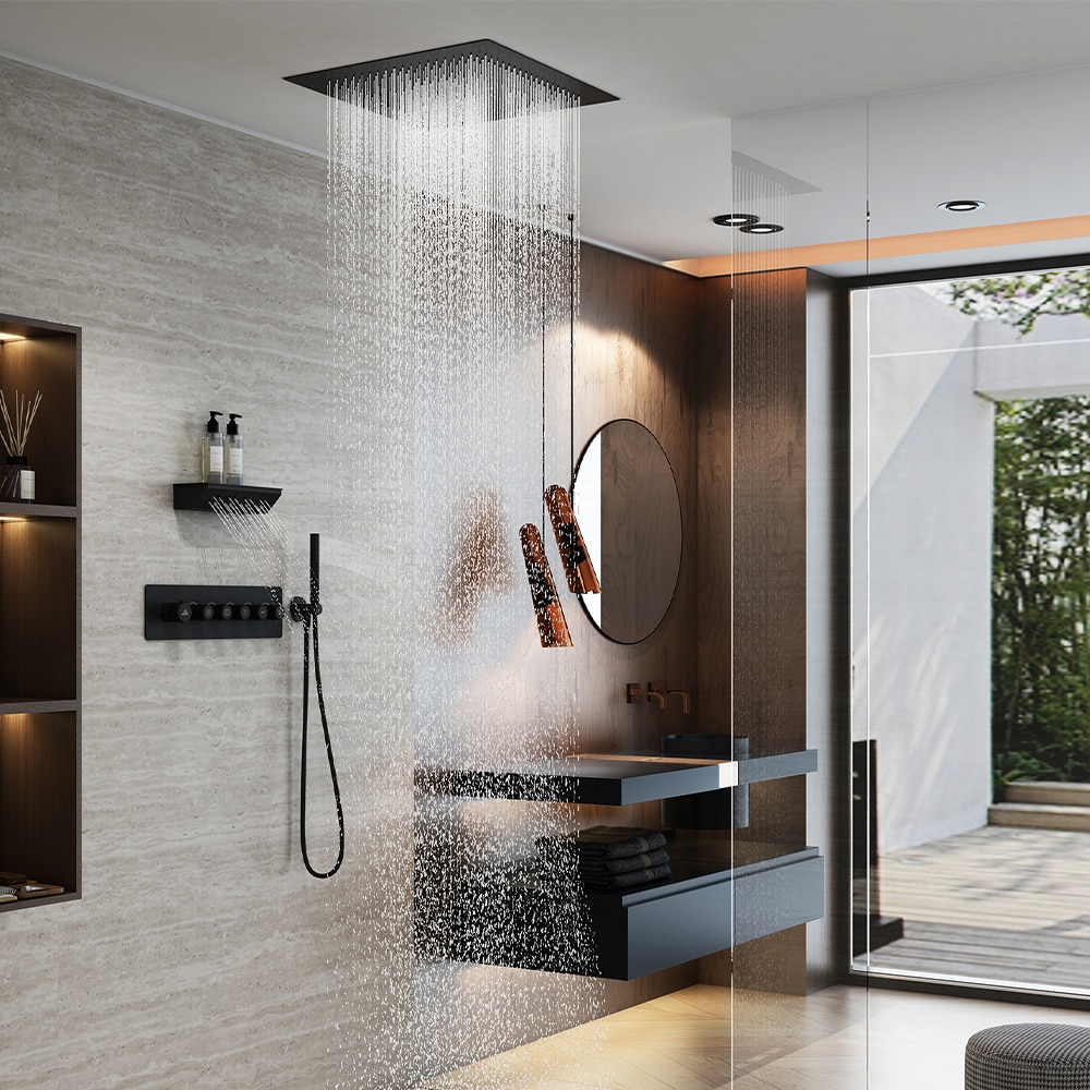 CASAINC KCHS0027-MB Shower Systems Matte Black 23.6-in Waterfall Built-In Shower Faucet System with 3-way Diverter ( Thermostatic Valve Included )