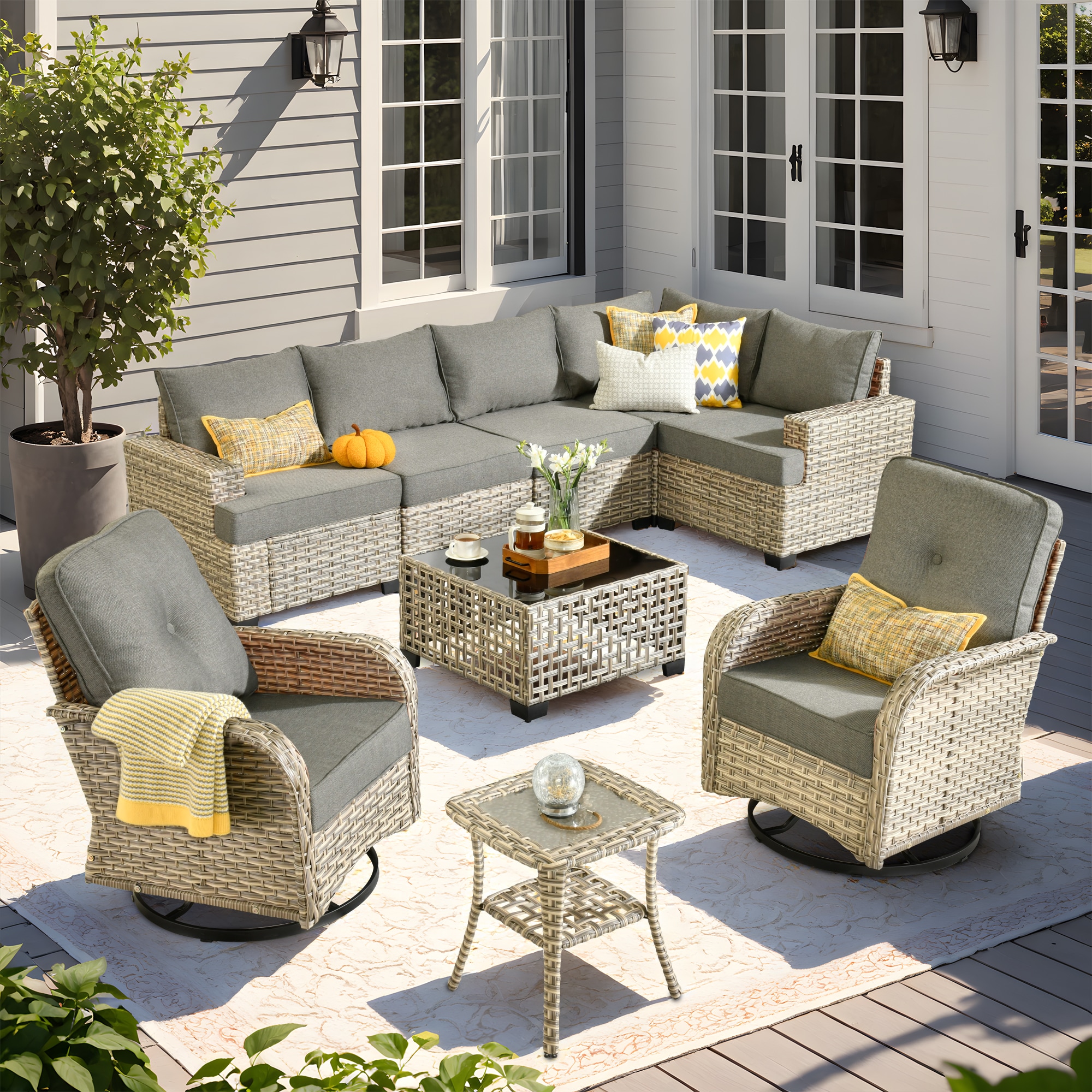 Pouuin SVYZBS200-9 Wicker Outdoor Sectional with Dark gray Cushions and Wicker Frame