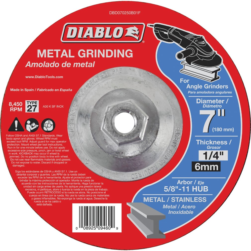 Diablo  7-Inch Metal Grinding Disc - High Performance Type 27 Hub 5/8 Arbor 8450 RPM