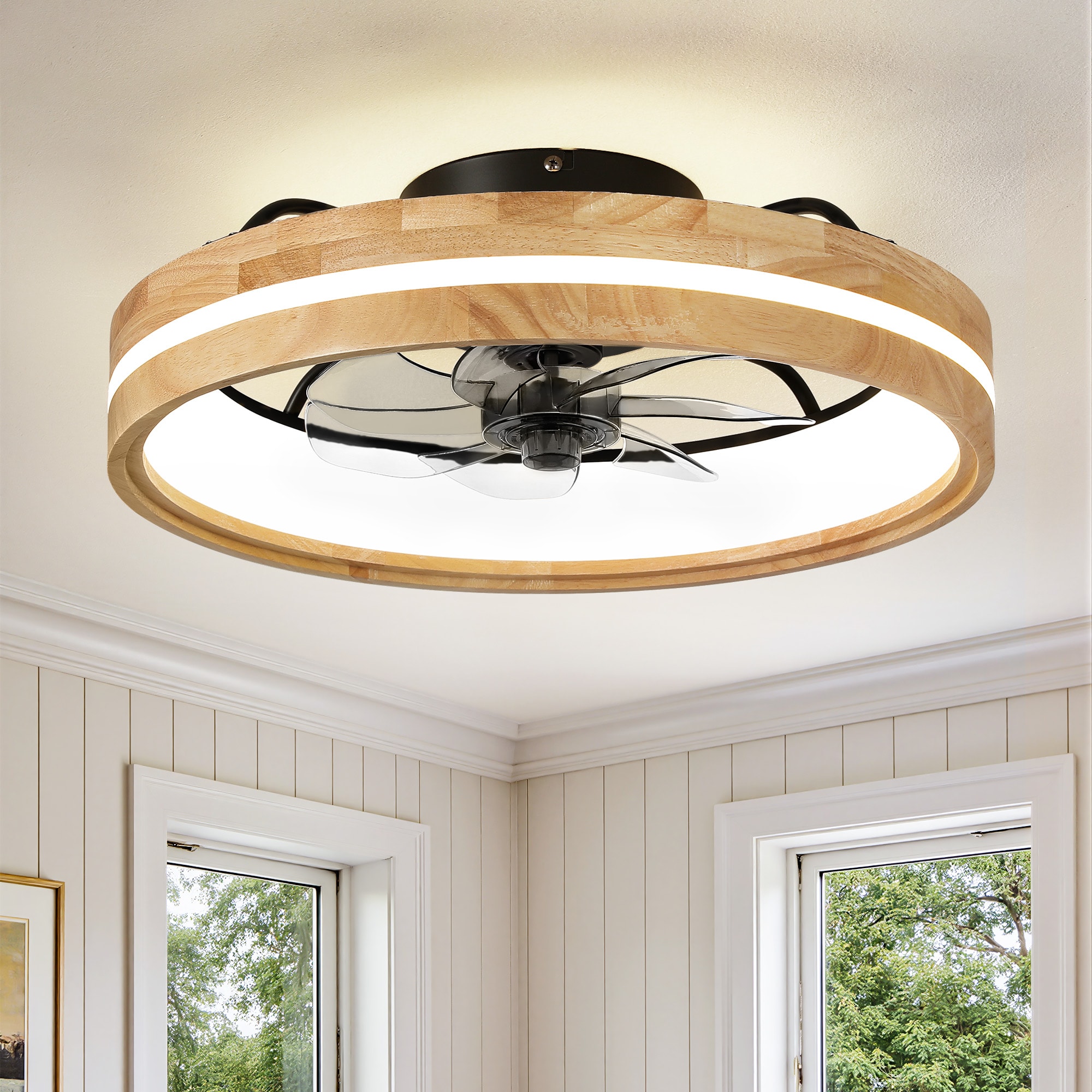 HAHZT 20 inch Modern Wood Grain LED Flush Mount Ceiling Fan with Light Remote and App Control