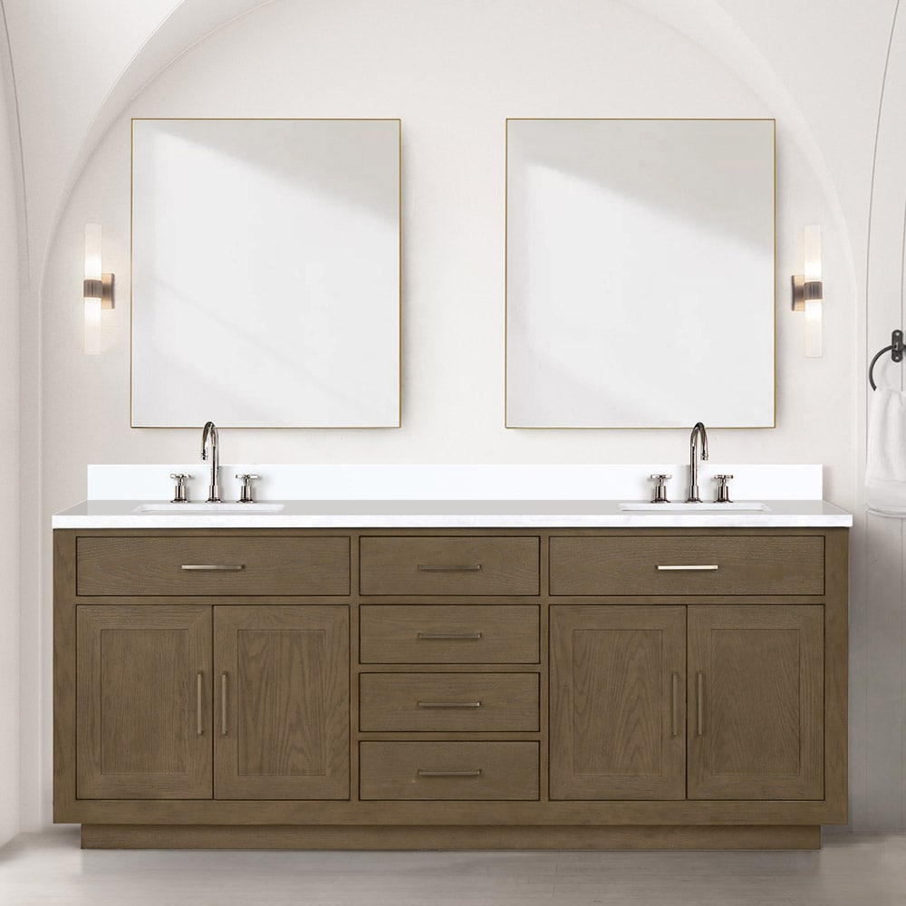 Lexora LVGI80DR211 Gilroy 80-in Grey Oak Undermount Double Sink Bathroom Vanity with White Quartz Top (Mirror and Faucet Included)