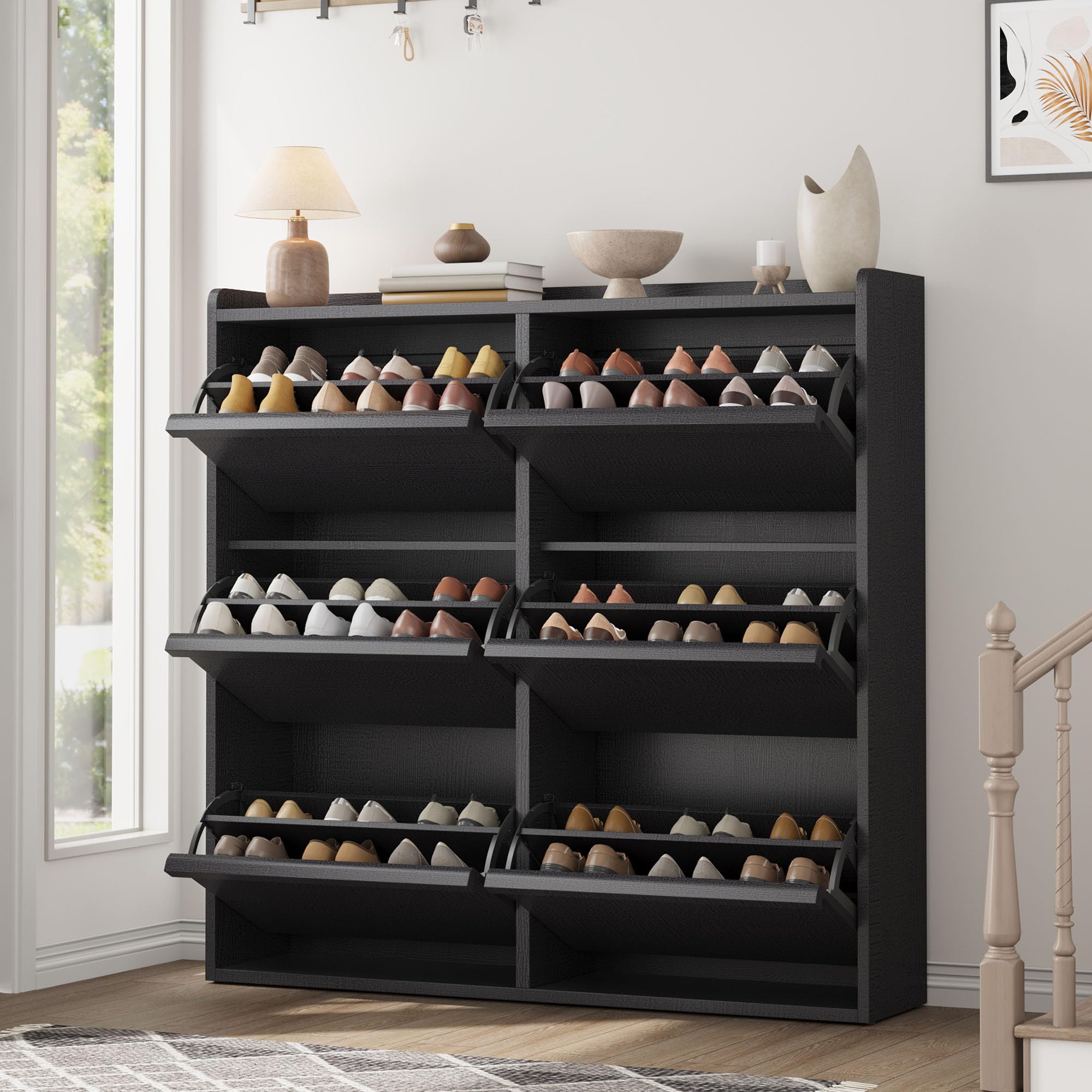 DEXSO 6 Drawer Adjustable Hidden Shoe Cabinet Black Wood Grain
