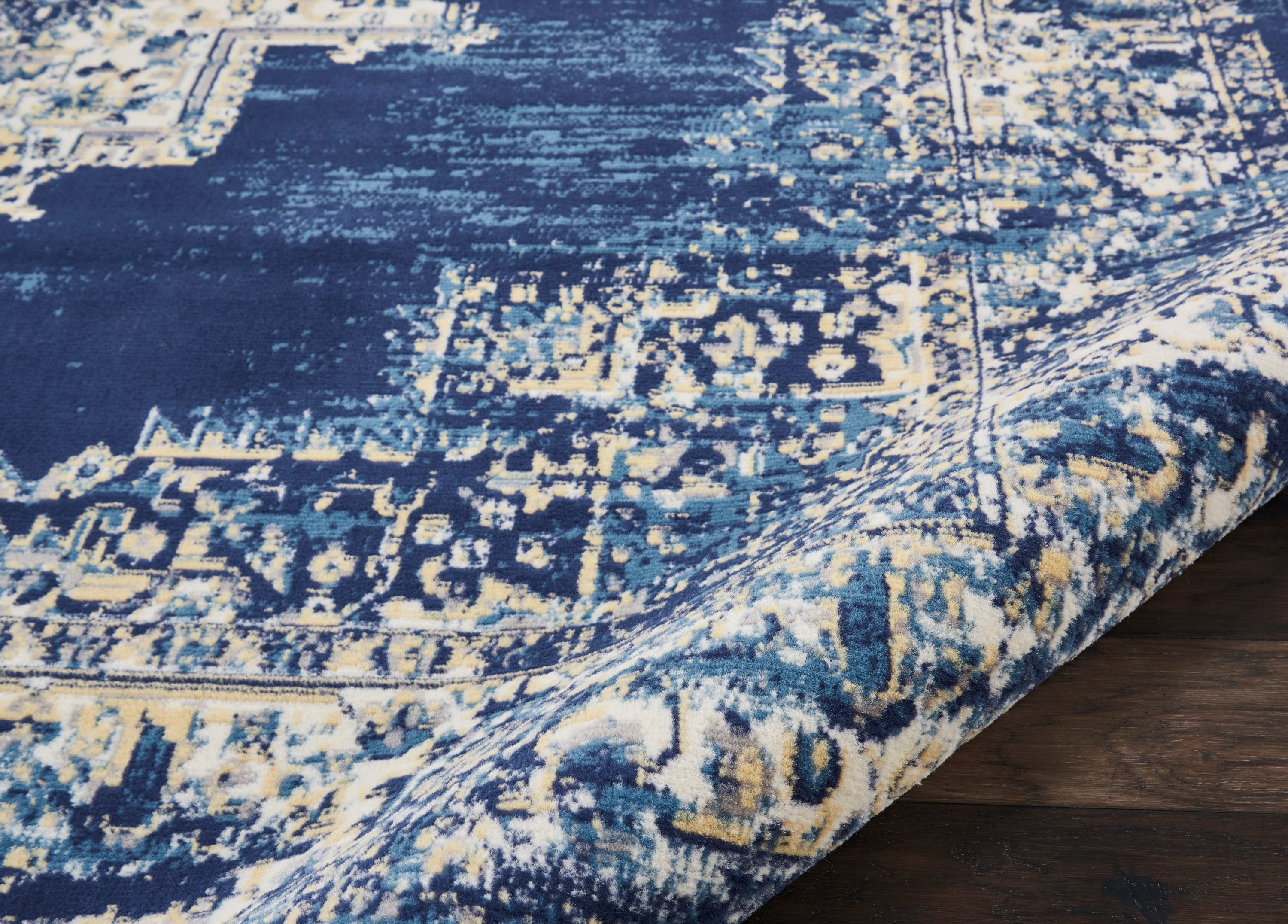 Extra Large Navy Blue Medallion Synthetic Area Rug
