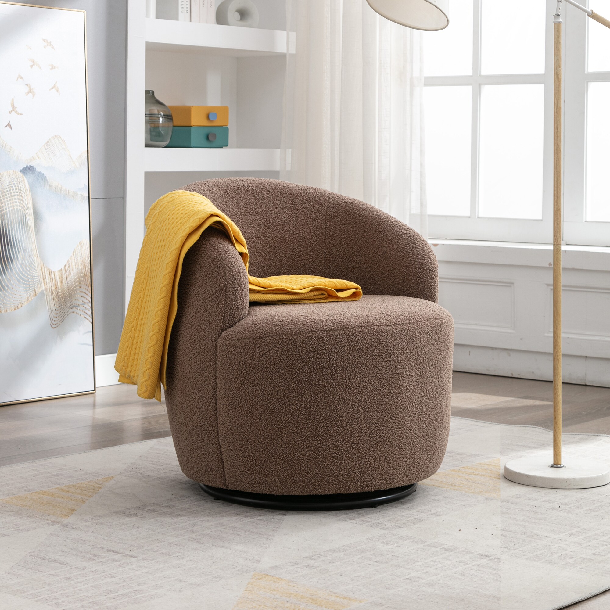 GDFStudio Teddy Fabric Swivel Accent Armchair Barrel Chair With Black Powder Coating Metal RingCoffee Brown