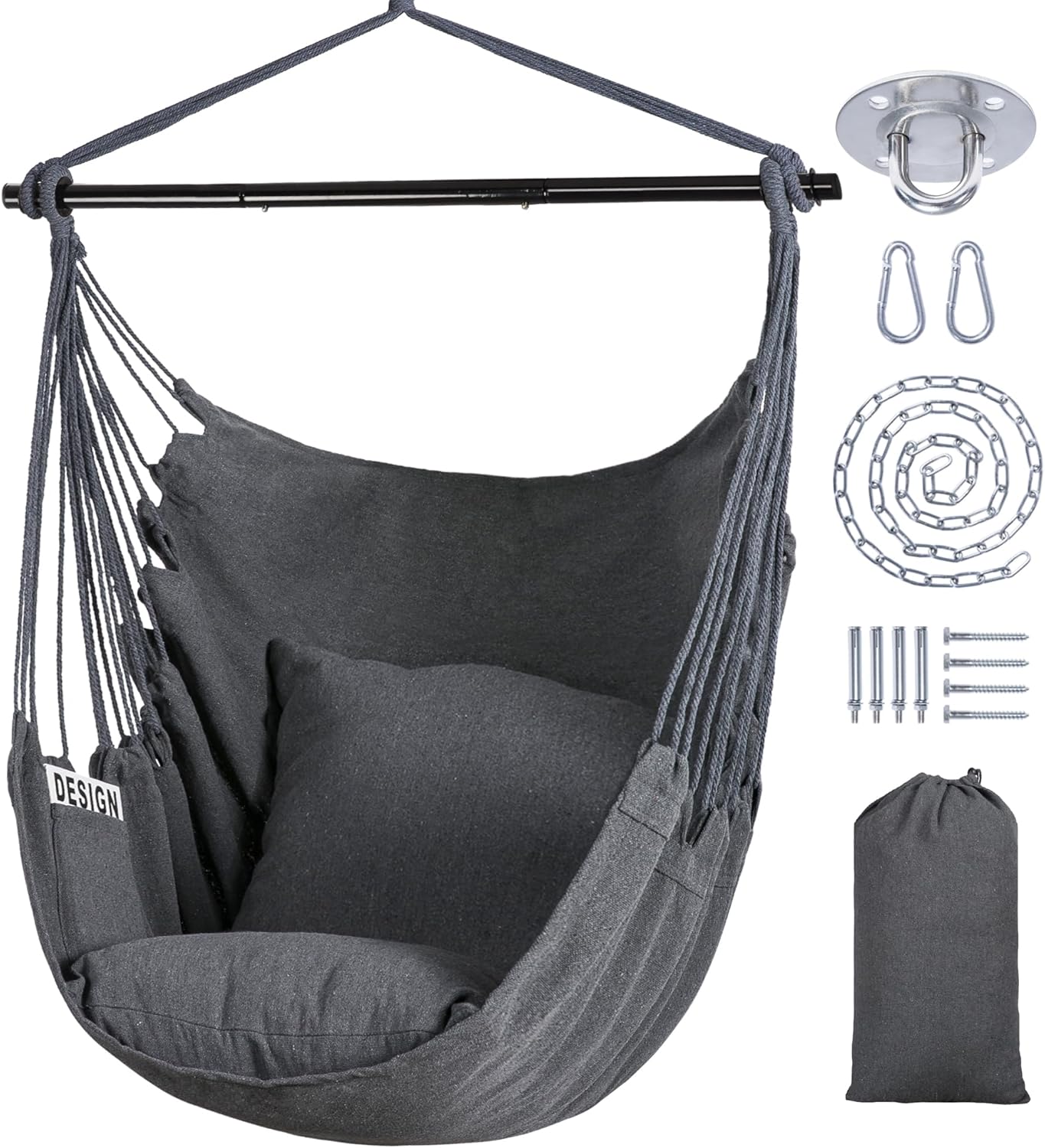 SUNCREAT Hammock Chair Swing with Steel Support Bar Side Pocket Large Hanging Chair Outdoor Max 450lbs Capacity Dark Gray