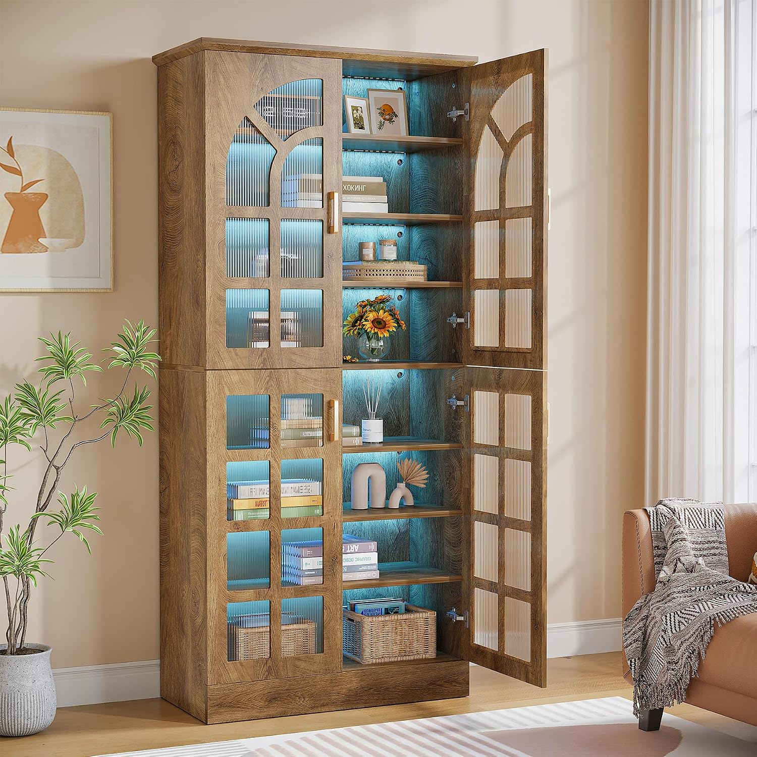Tribesigns - 8 Tier Bookshelf with Doors and LED Lights 68.9 inch Tall Bookcase with Adjustable S...