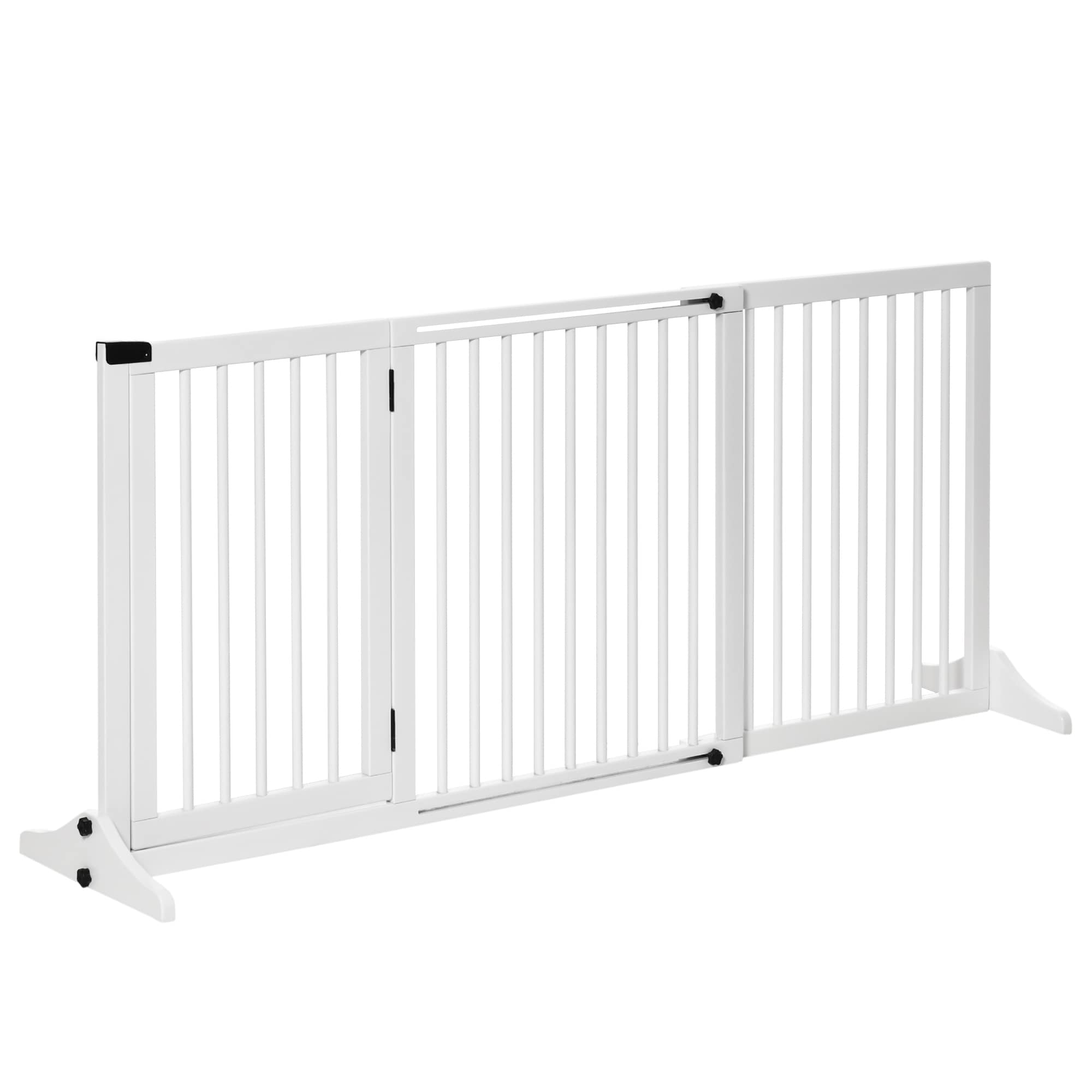 Misty Moon Adjustable White Wooden Pet Gate 3 Panel Freestanding Dog Barrier with Safety Barrier Lockable Door for Doorway Hall