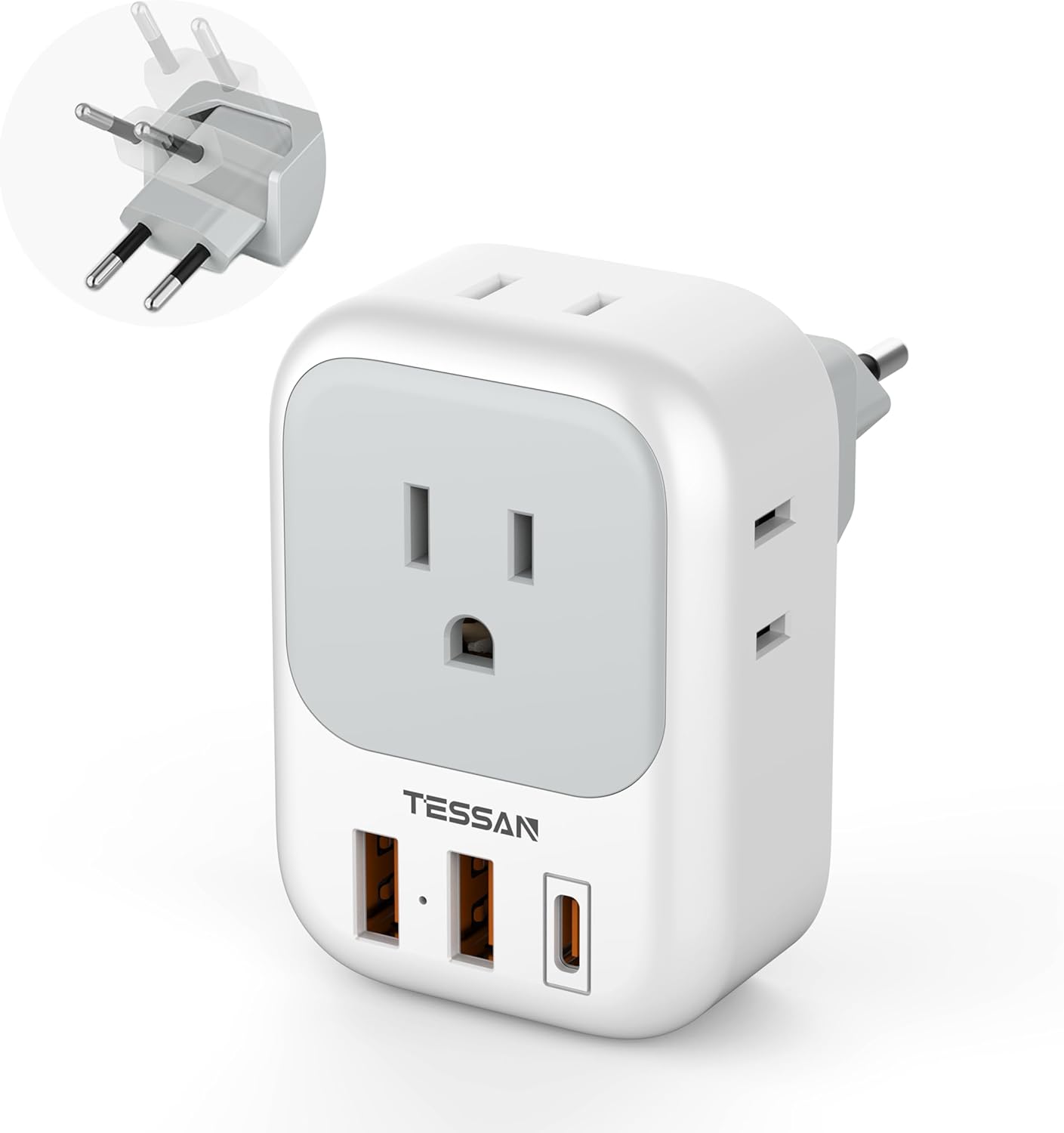 Tessan European Travel Plug Adapter Type C 4 Outlets and 3 USB (1 USB C PD 20W) International Foldable Plug For EU Spain France Italy Germany Portugal Iceland