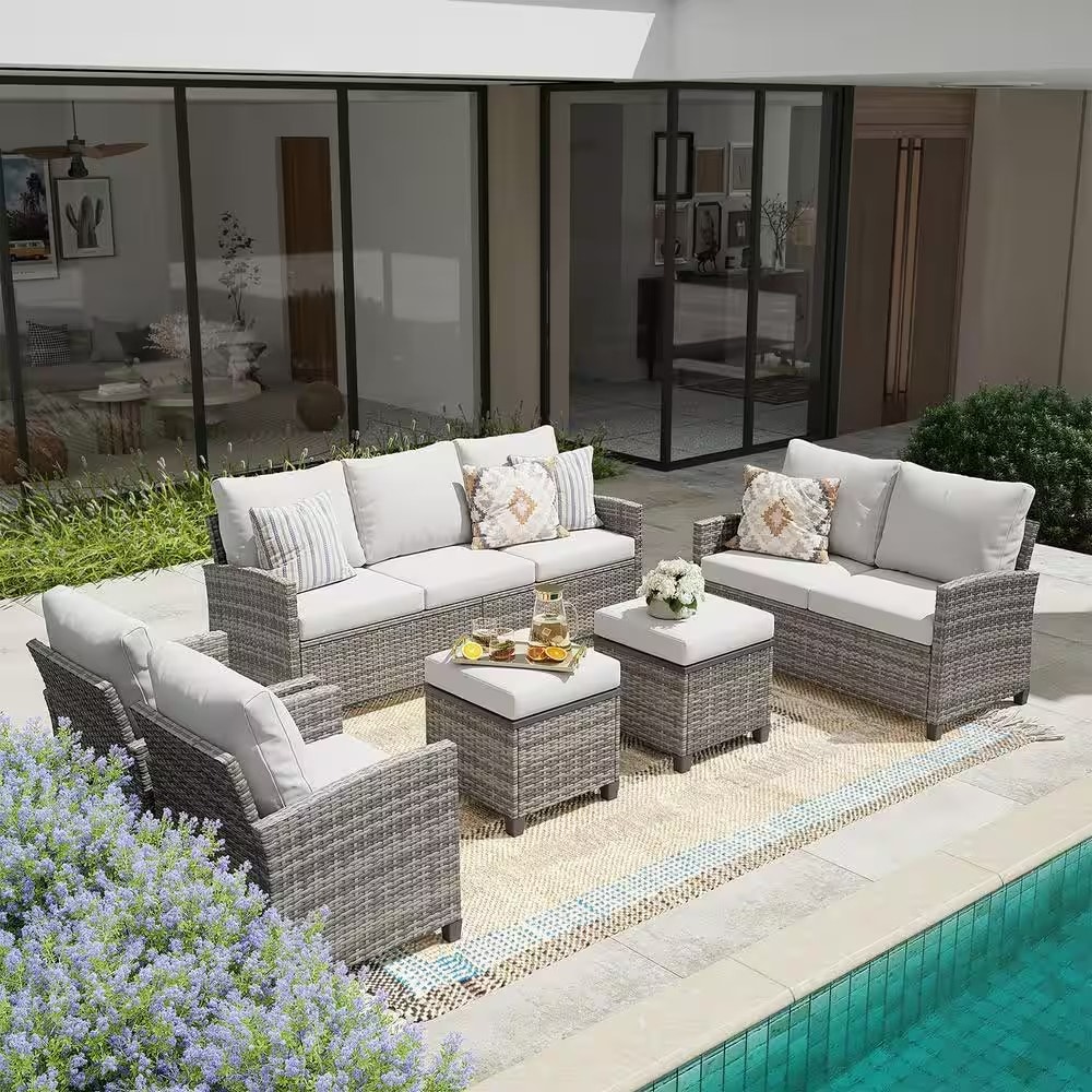 Forclover MONLDS08GY Outdoor Sofa Set 6 -Piece Rattan Patio Sofa Conversation Set with Off-white Cushions