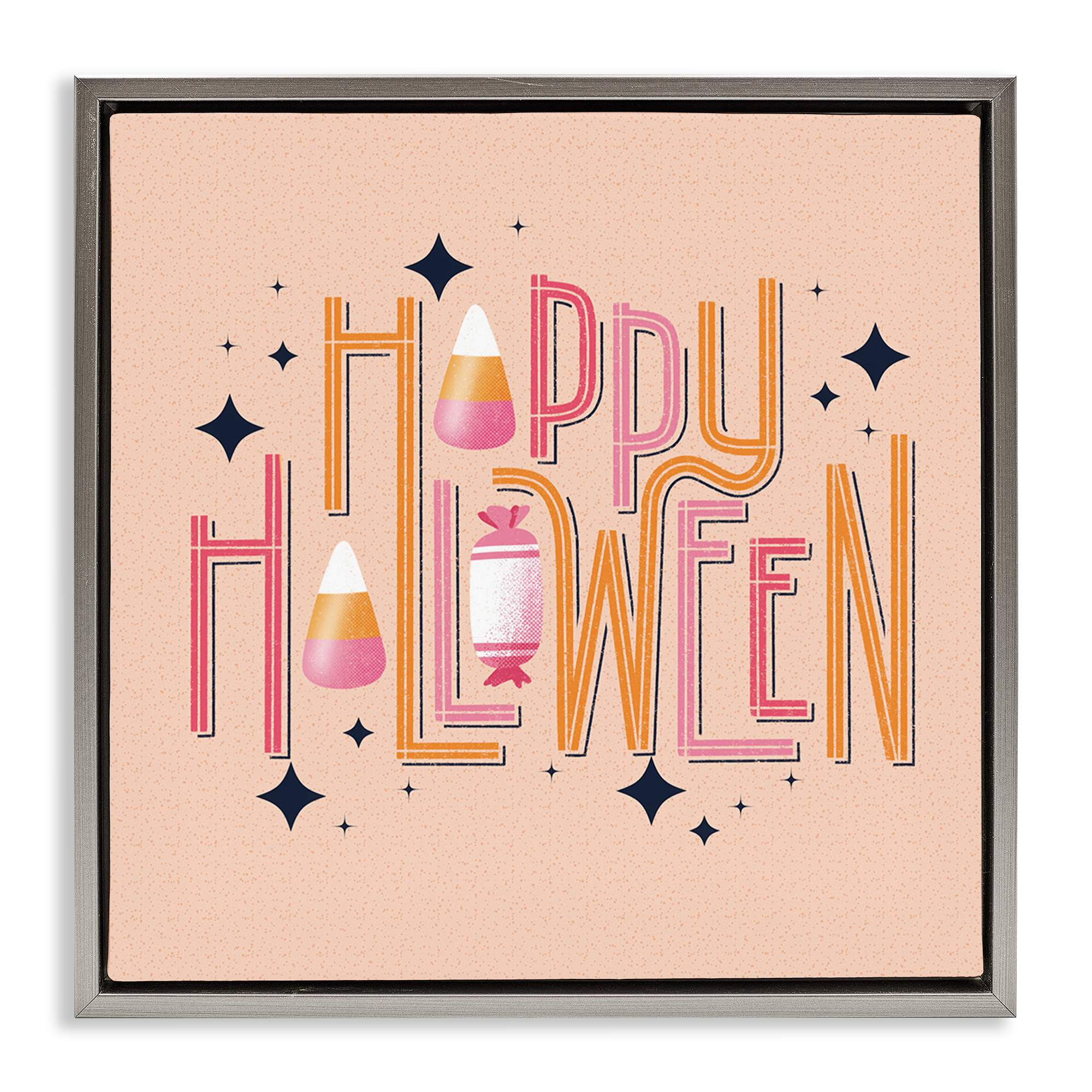 Stupell Industries BT-439-FFL-24X24 Happy Halloween with Candy Gray Framed Floater Canvas Wall Art By Sarah Hickman 25 x 25