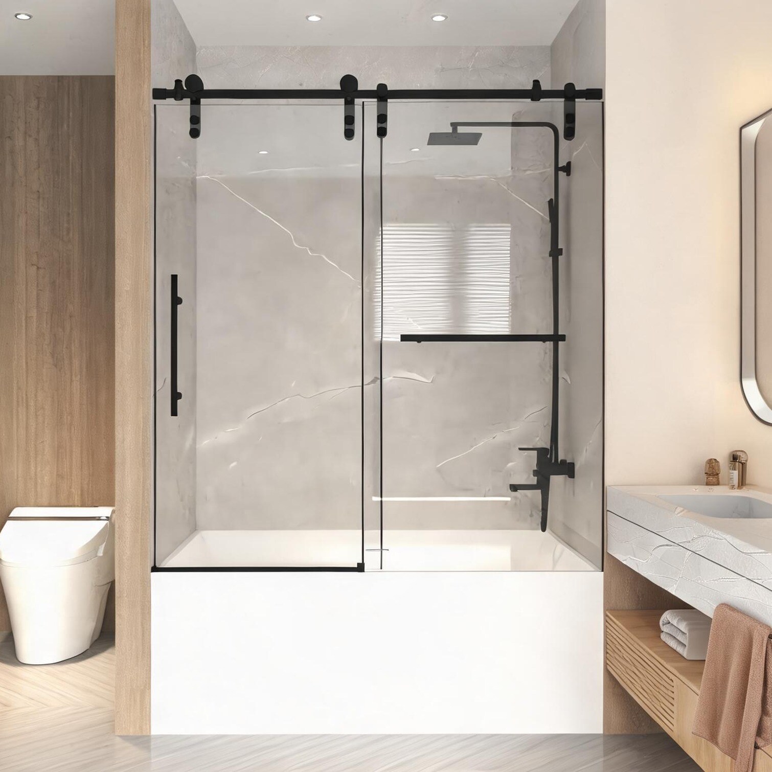 chillscreamni Classic Black Frameless Sliding Bathtub Door with Adjustable Width 56-60 x 66 5/16 Clear Tempered Glass