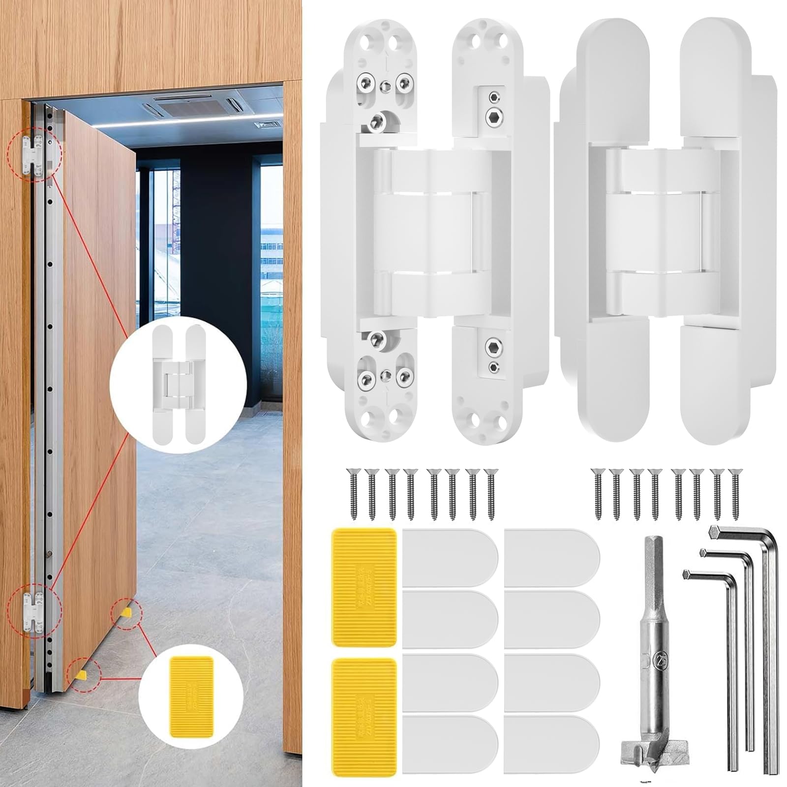 Phyfalip  6 Inch Hidden Door Hinge Concealed Invisible Door Silent 180 Degree Swing 3 Way Adjustable Butt Hinge Pack of 2 White