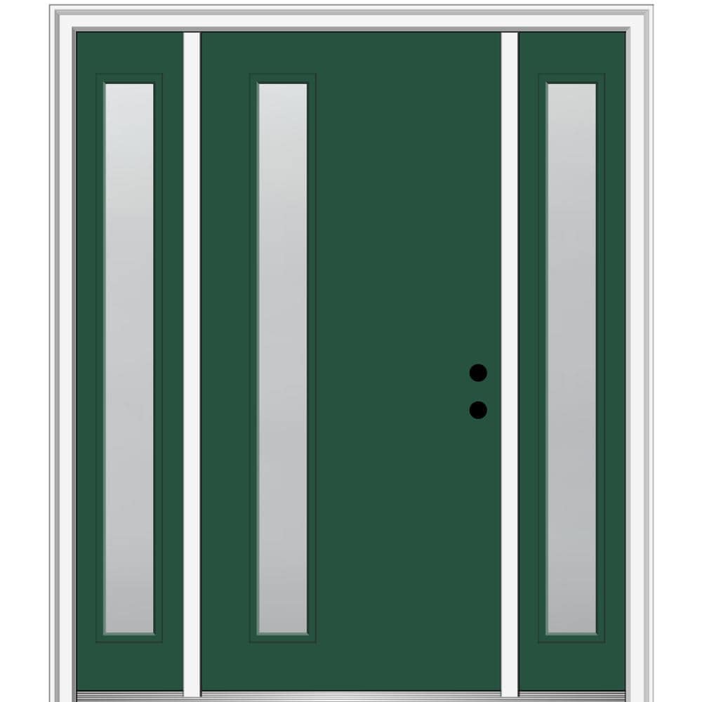 MMI DOOR ZZ347334L Spotlights 60-in x 80-in x 4-9/16-in Fiberglass Pulse lite Left-hand inswing Hunter Green Painted Prehung Front Door with Sidelights with Brickmould Insulating core