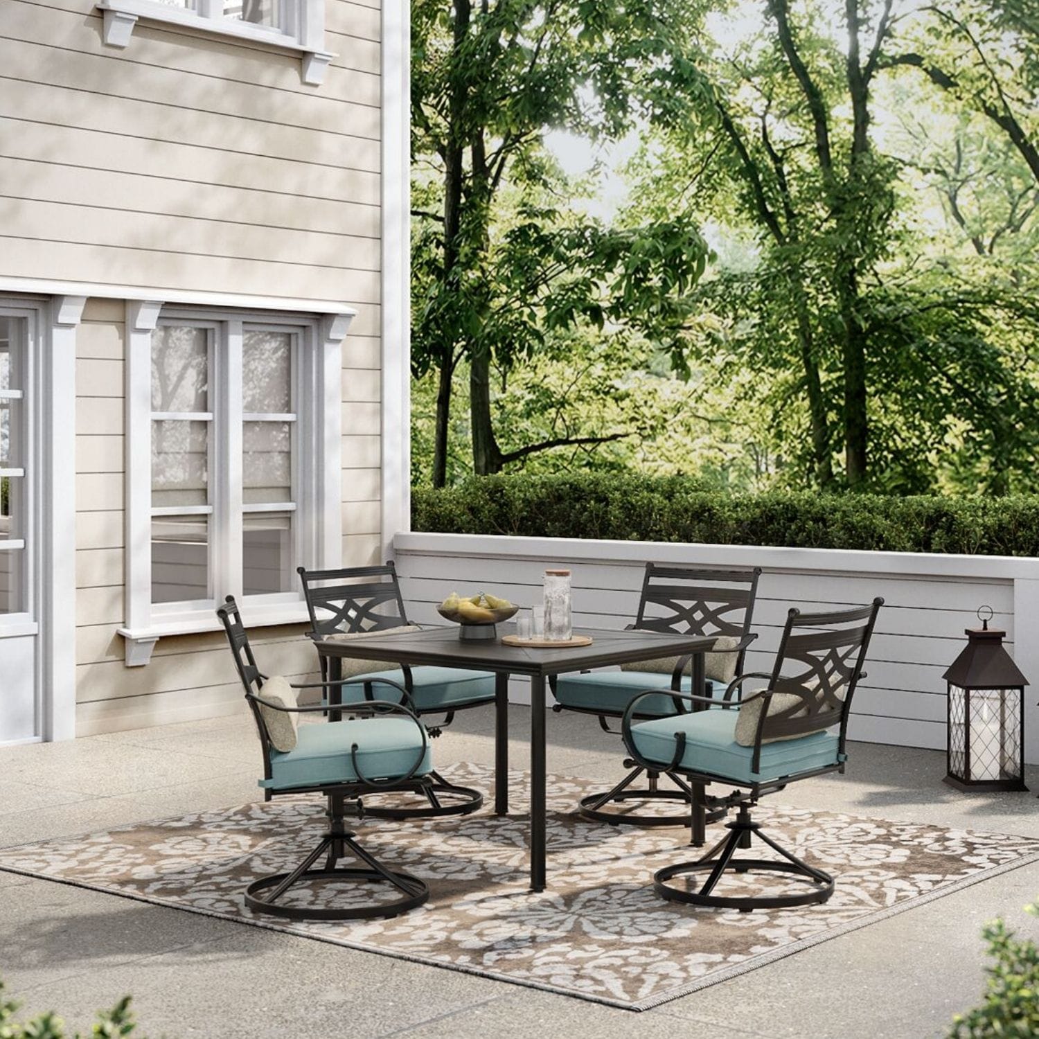 Hanover MCLRDN5PCSQSW4-BLU Montclair 5 -Piece Dark Brown Patio Dining Set Steel Square Table with 4 Blue Cushions Swivel Rocker Chairs