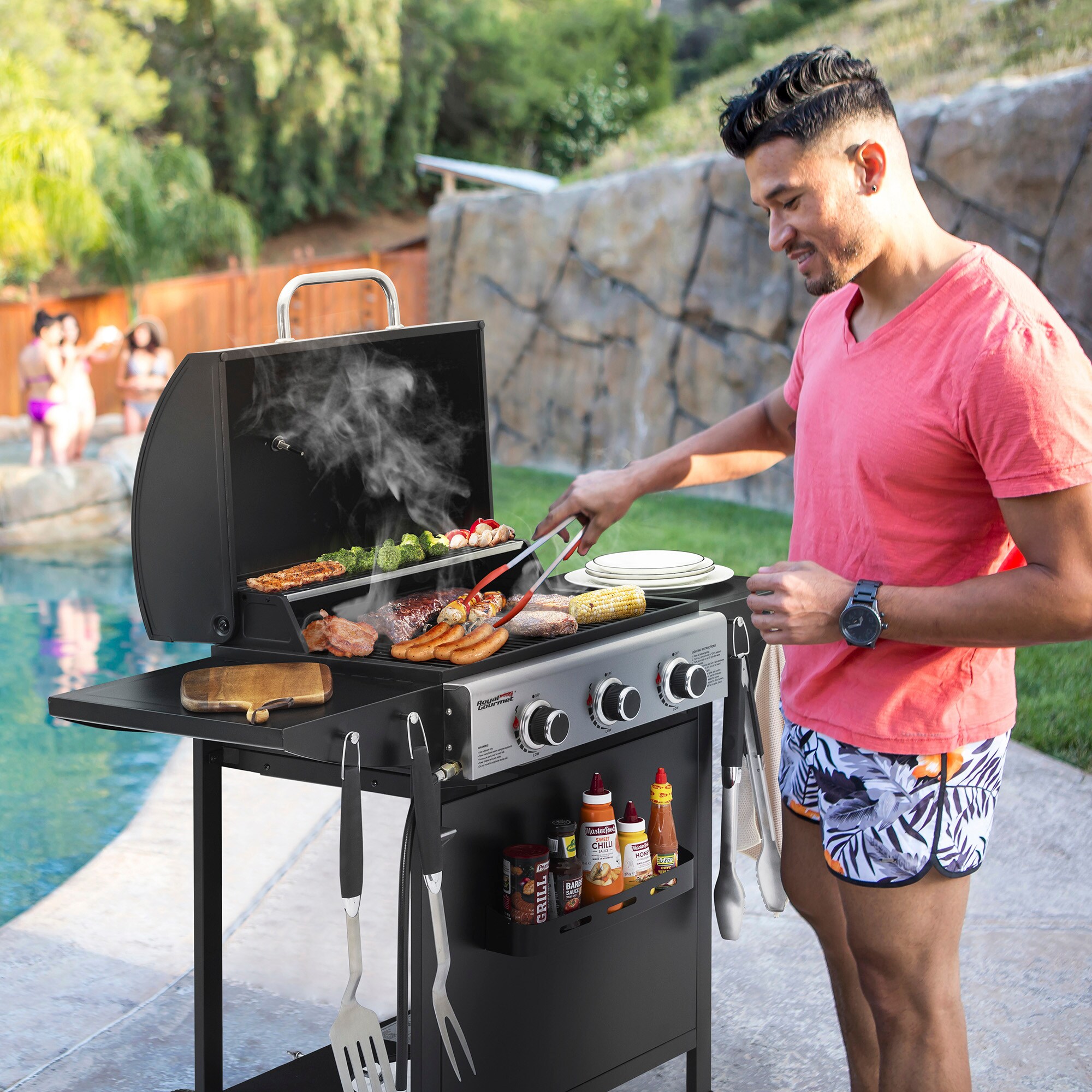 Royal Gourmet Cart Style with Front Storage Basket Black 3-Burner Liquid Propane Gas Grill