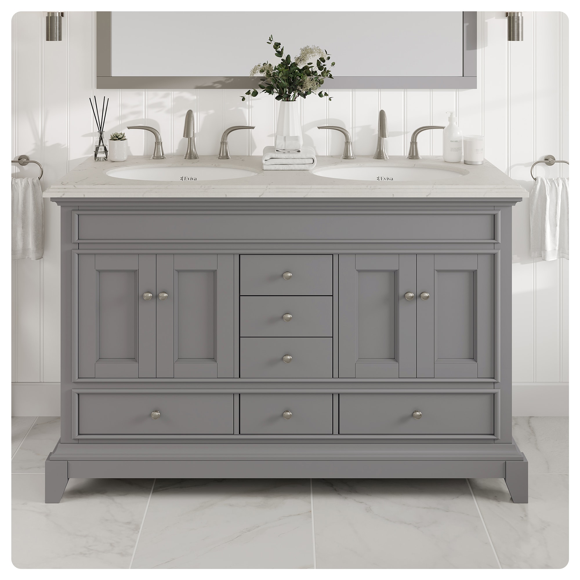 Eviva EVVN709-48GR-DS Elite Stamford 48-in Gray Undermount Double sink Bathroom Vanity with White Quartz Top