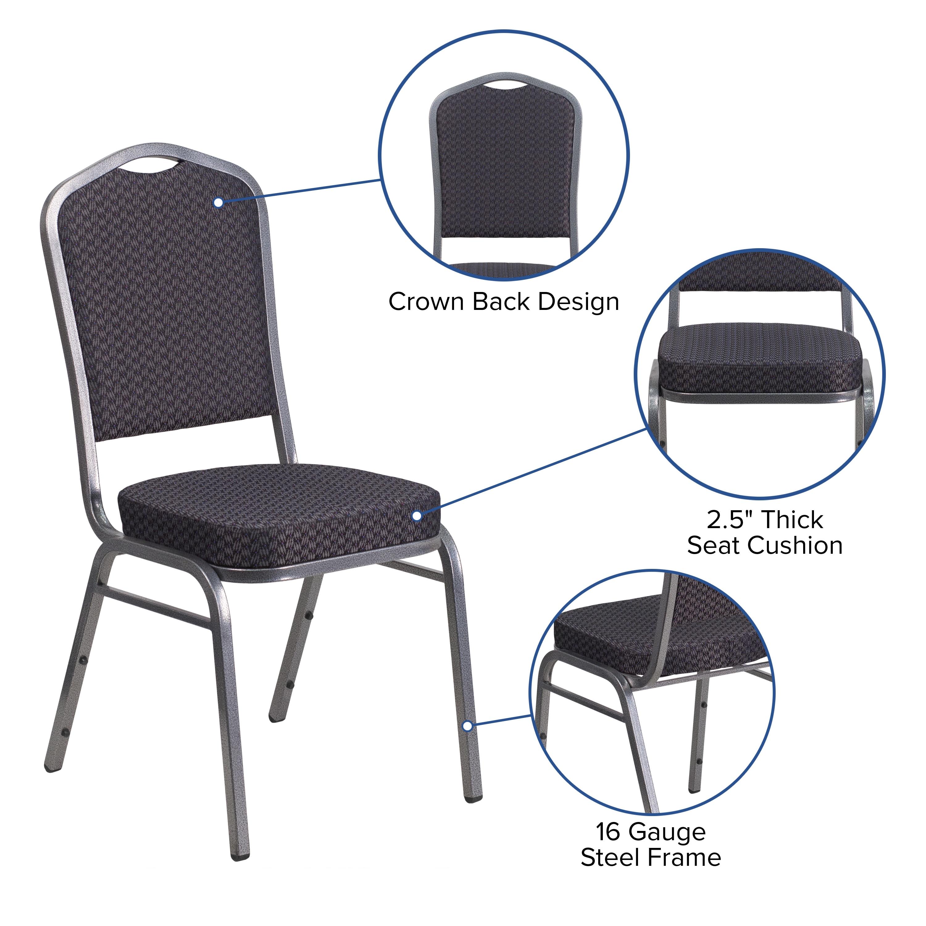 Elegant Crown Back Banquet Chair in Black Fabric with Silver Vein Frame