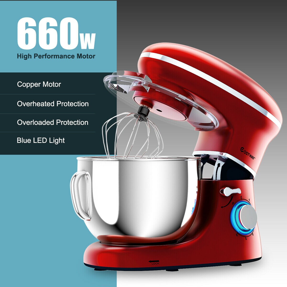 Goplus 7-Quart 6-Speed Red Commercial/Residential Stand Mixer