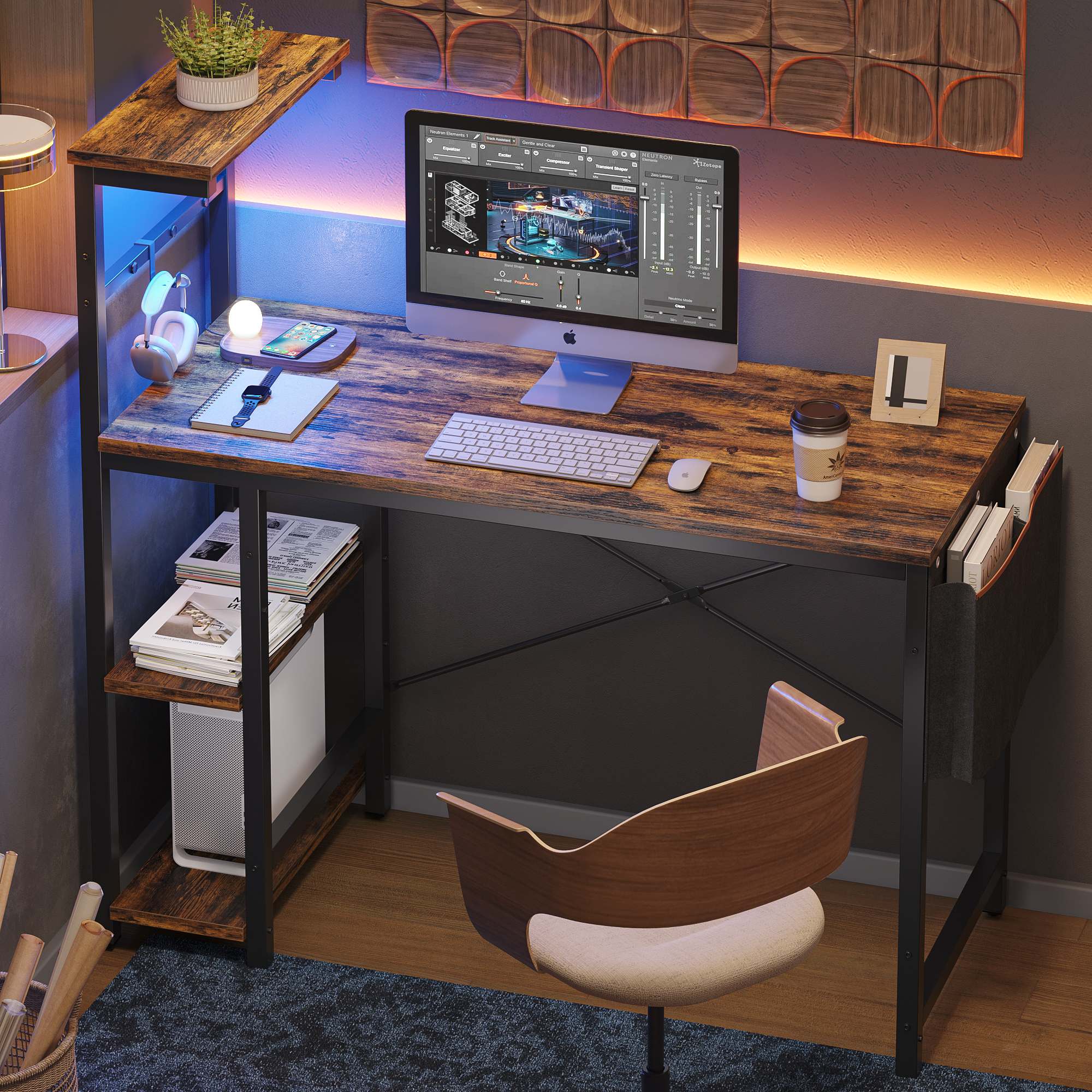 Bestier LOW-D471Z-RST 44.49-in W 4-Shelf Brown Computer Desk with LED Lights and Power Outlet