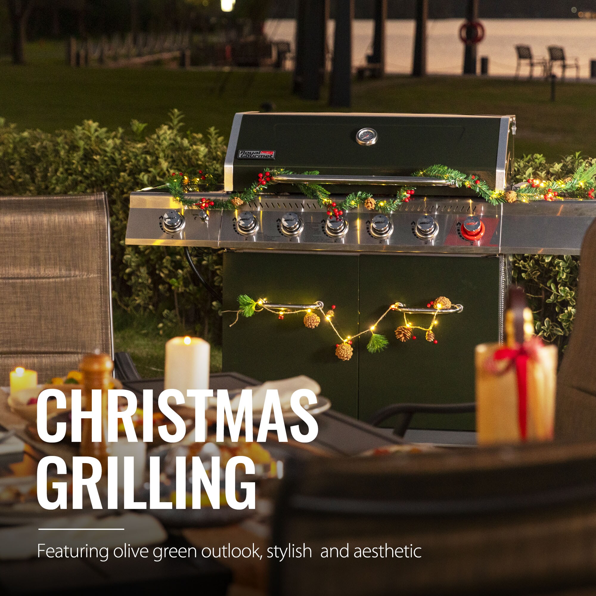 Olive Green Stainless Steel 6-Burner Propane Gas Grill with Side Burner