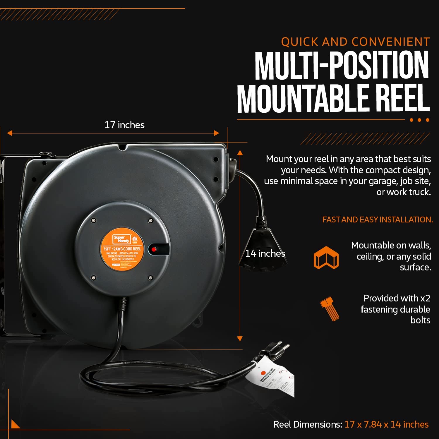 SuperHandy Mountable Retractable Extension Cord Reel - 12AWG x 65' ft, 3 Grounded Outlets, Max 15A