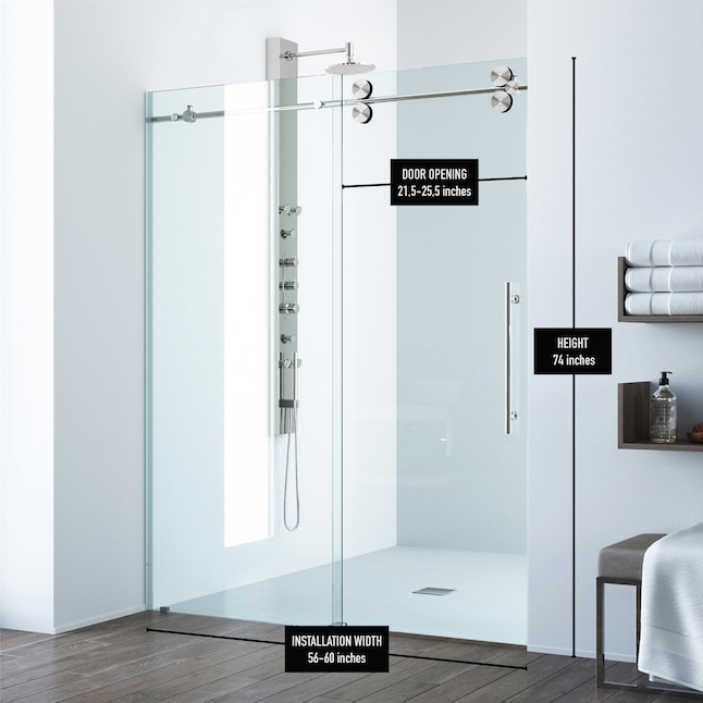 Vigo Frameless Shower Door Clear Stainless Steel 60 W X 74 H, Brass Sliding Shower Doors