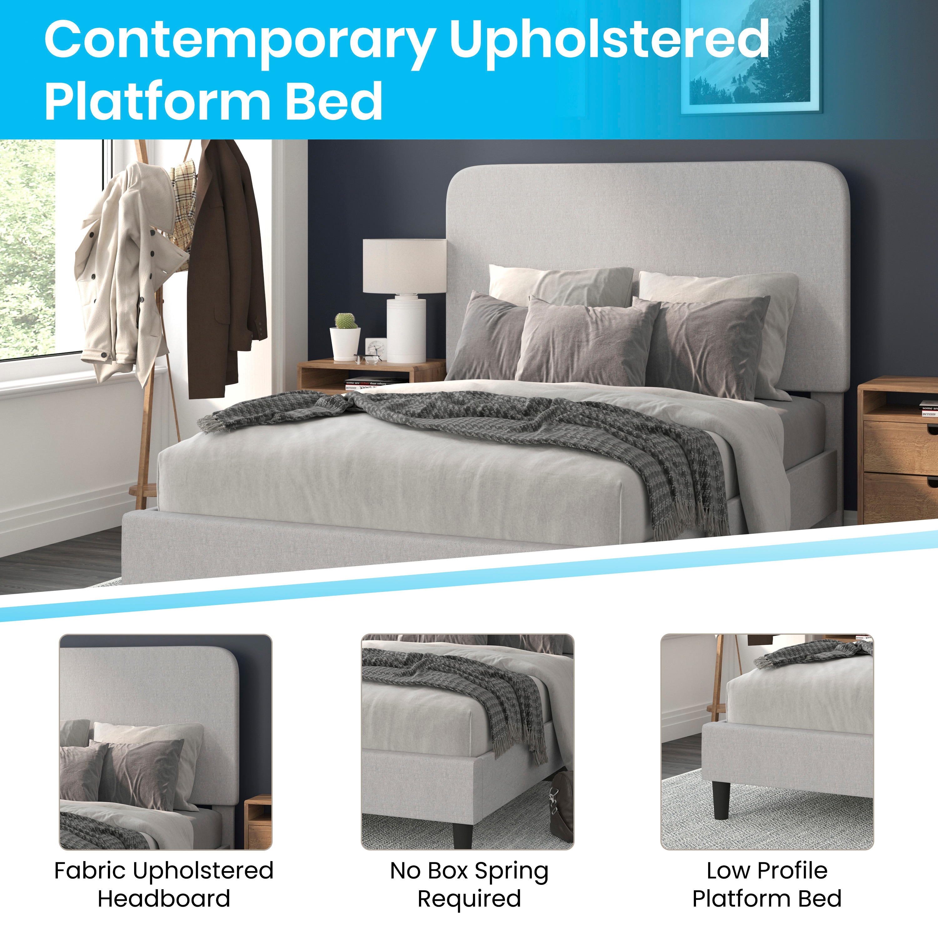 Addison Full Double Light Grey Upholstered Platform Bed with Rounded Headboard