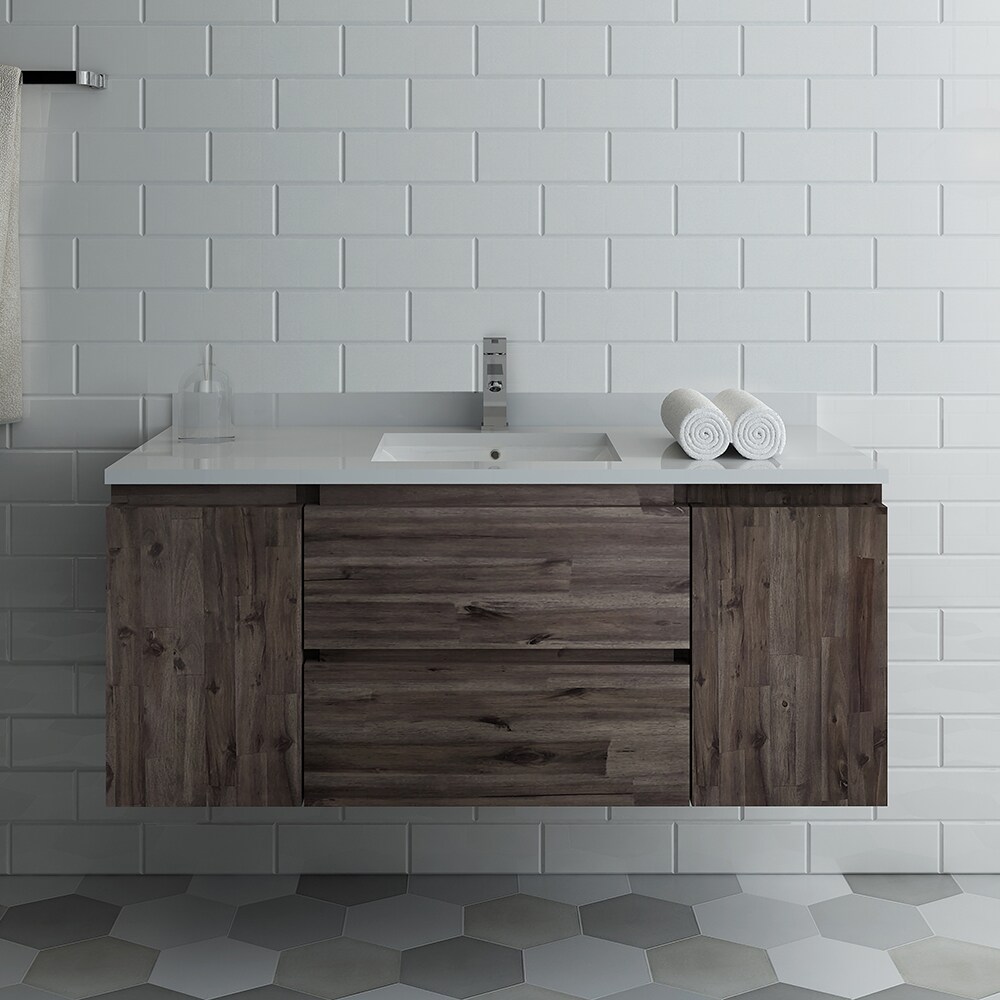 Formosa 48" Wall-Mounted Transitional Bathroom Vanity in Brown with Quartz Top