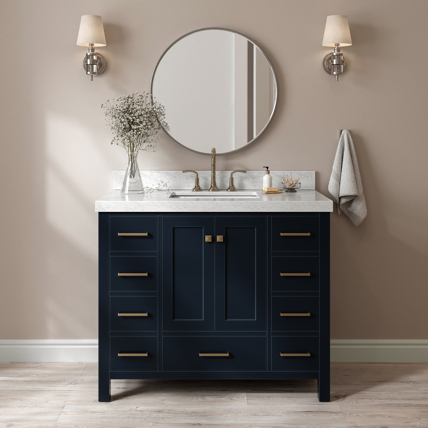 ARIEL A042SCW5RVOMNB Cambridge 42-in Midnight Blue Undermount Single Sink Bathroom Vanity with 2" Carrara White Marble Quartz Top