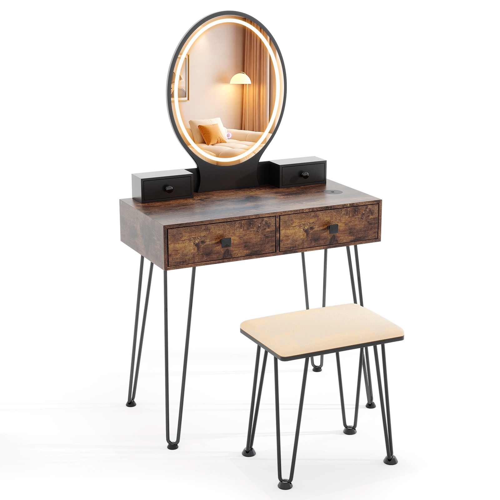 Slickblue D-CO-AN-SU05001UH 31.5 Inch Brown/ White  Makeup Vanity with Oval LED Lighted Mirror Charging Ports and Storage Drawers for Dressing Area