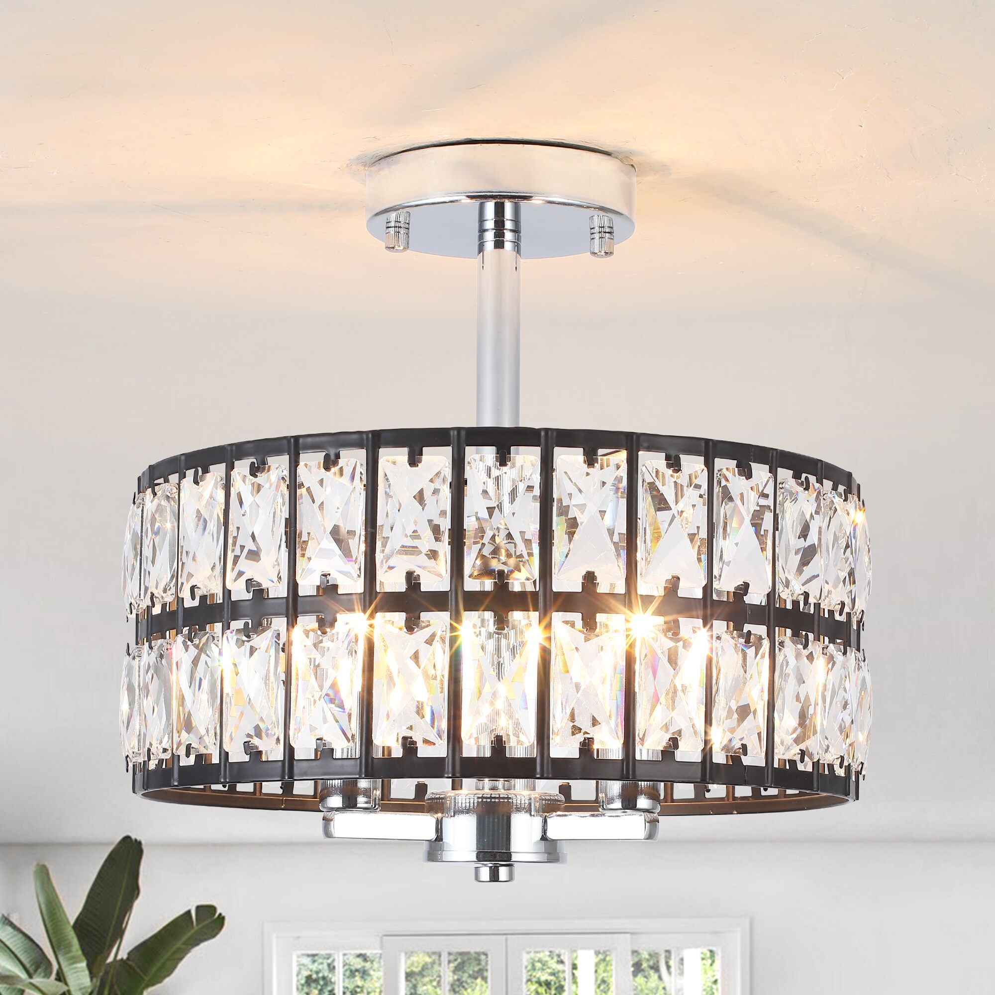 Zjvaive 3 lights 12.59inch Black And Chrome Luxury Semi Flush Mount Light Ceiling Lamp with Crystal Lampshade