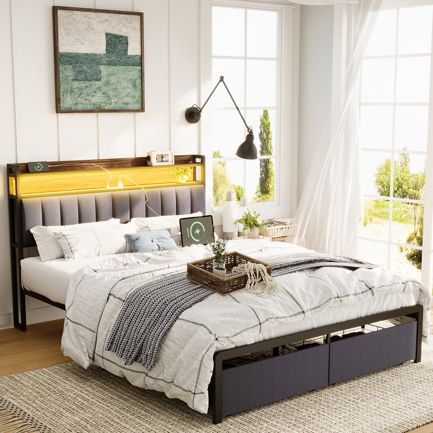 GZMR Gray Queen Metal Bed Frame with Storage YDIN00715FWH at Lowes